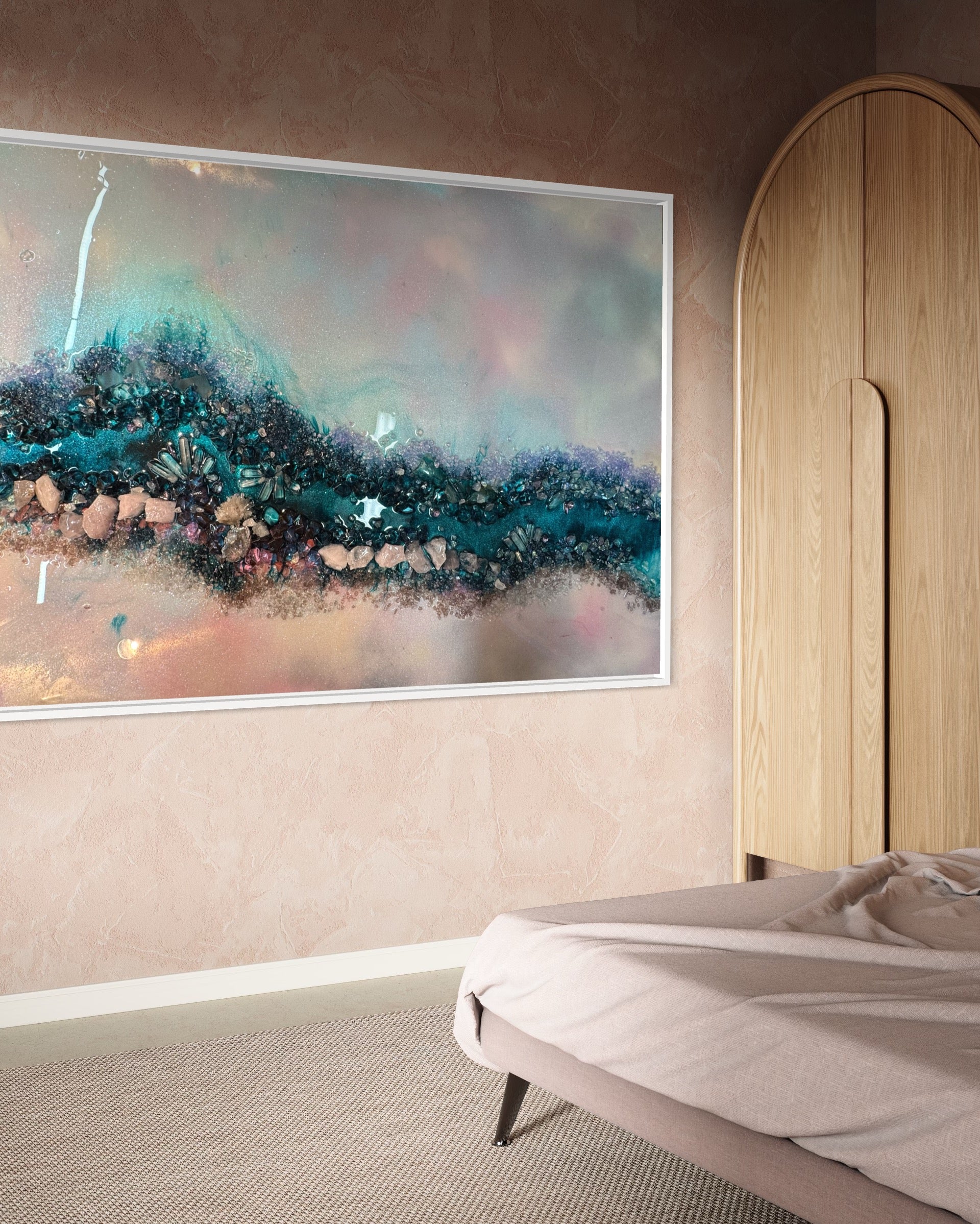 Pink and Blue Ocean Artwork. Crystal Reef - with Rose Quartz, Swarovski, Aura Quartz and Titanium Aura FRAMED 60x90cm