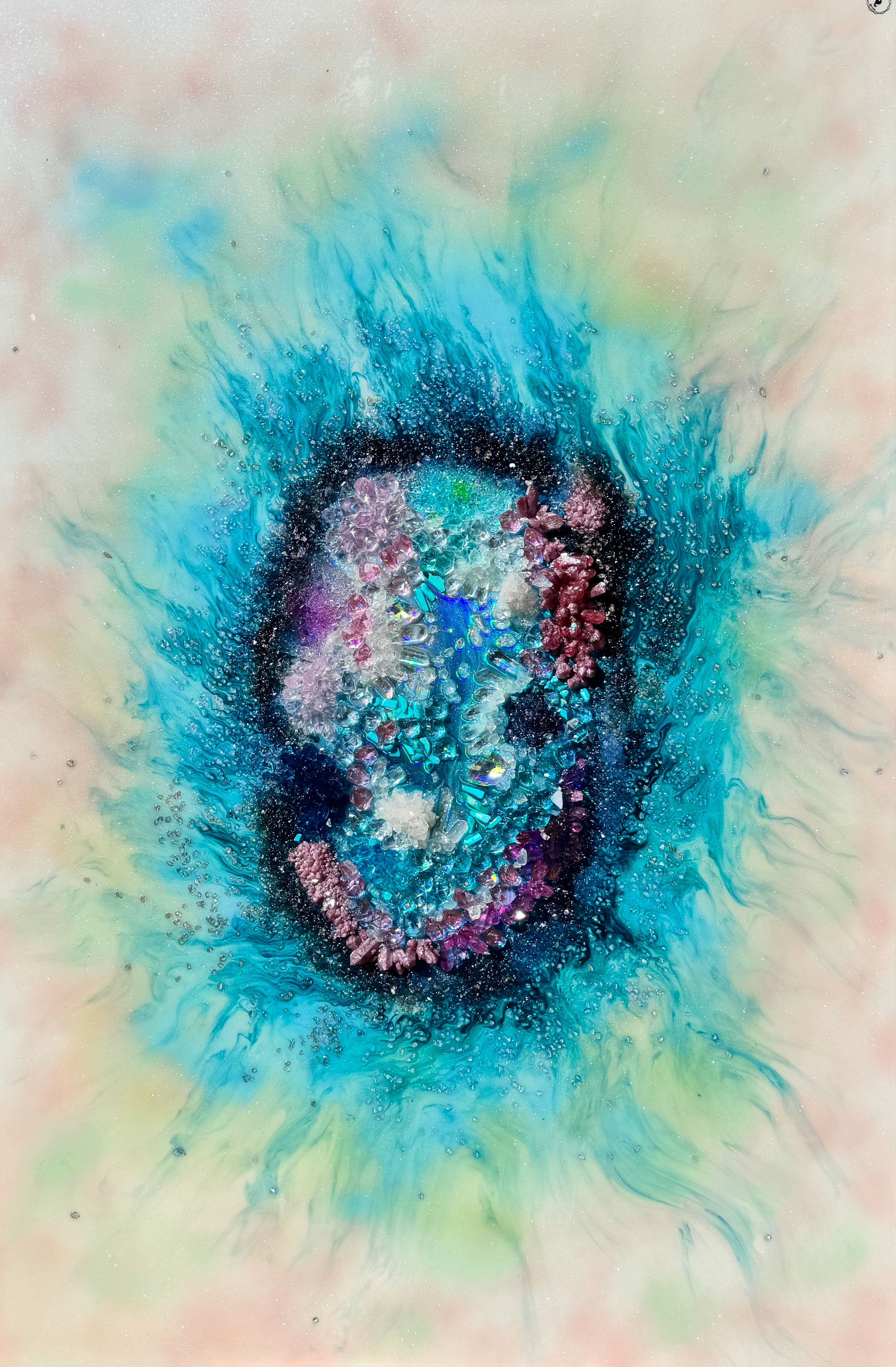 White and Blue Original Crystal Artwork. Coral Garden Quartz, Turquoise, Swarovski, Moonstone. COMMISSION