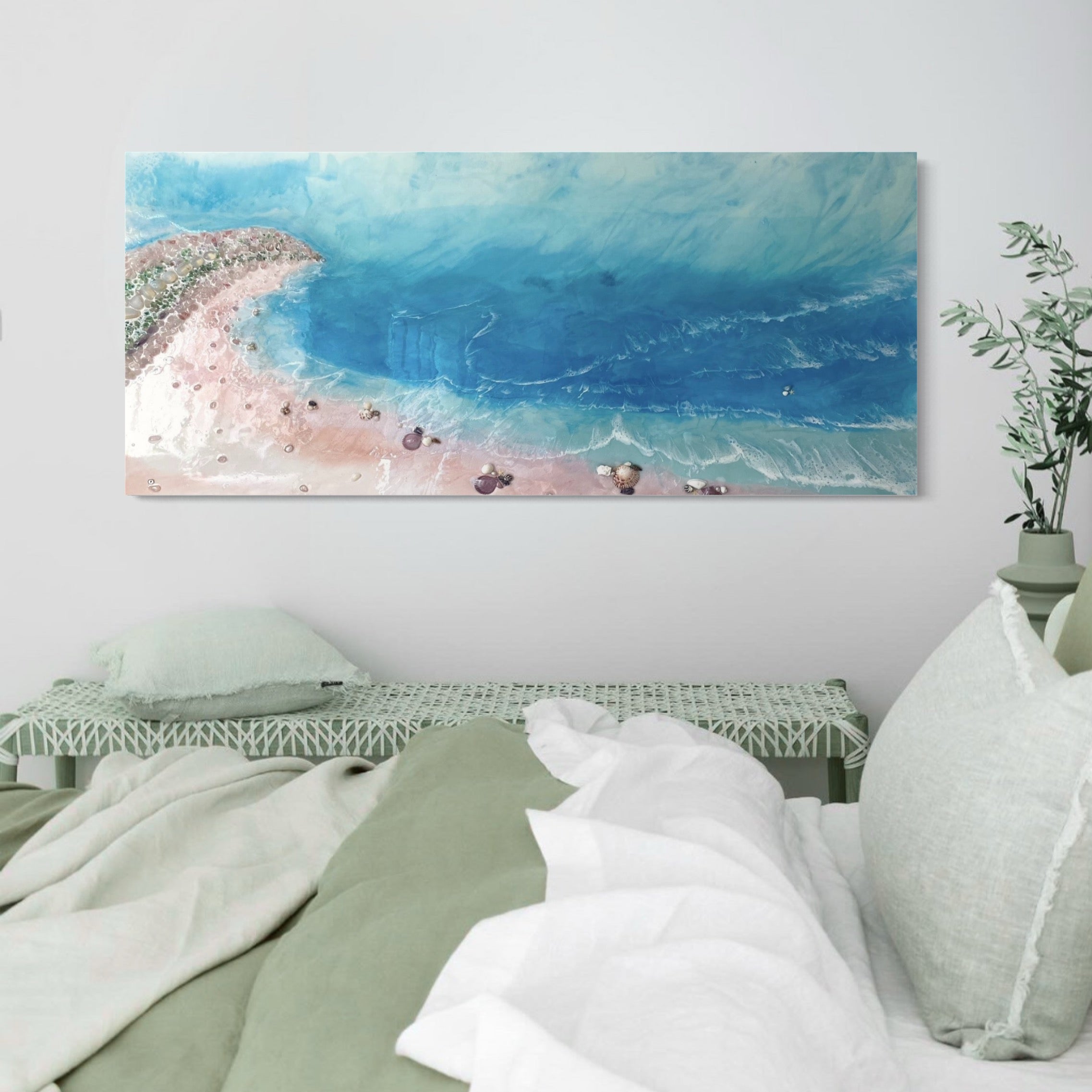 Ocean Artwork. BOUNTY DREAM with roze quartz crystals 75x150cm