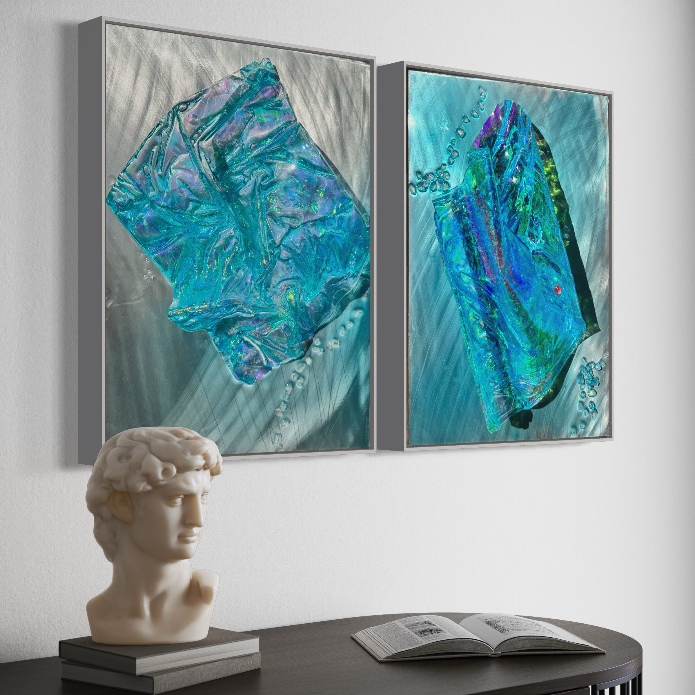 Whitsundays Blues 1 and 2, Set of 2 Sculptural Piece on Aluminium 70x46cm FRAMED