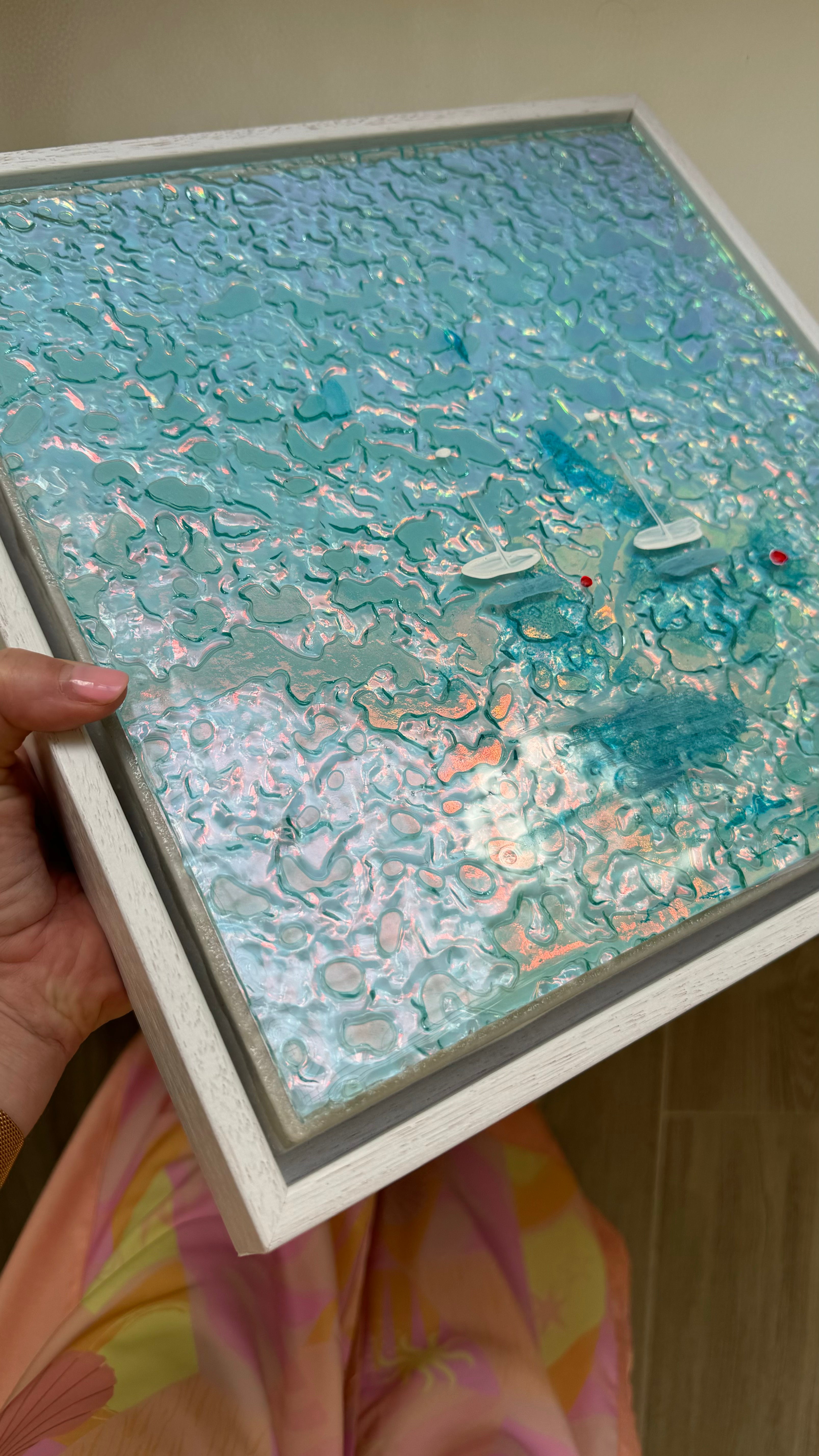 Cannes Yachts Mediterranean Sailing Boats Artwork Iridescent Whitsundays    Anchored 1 30x30cm   FRAMED 33x33cm