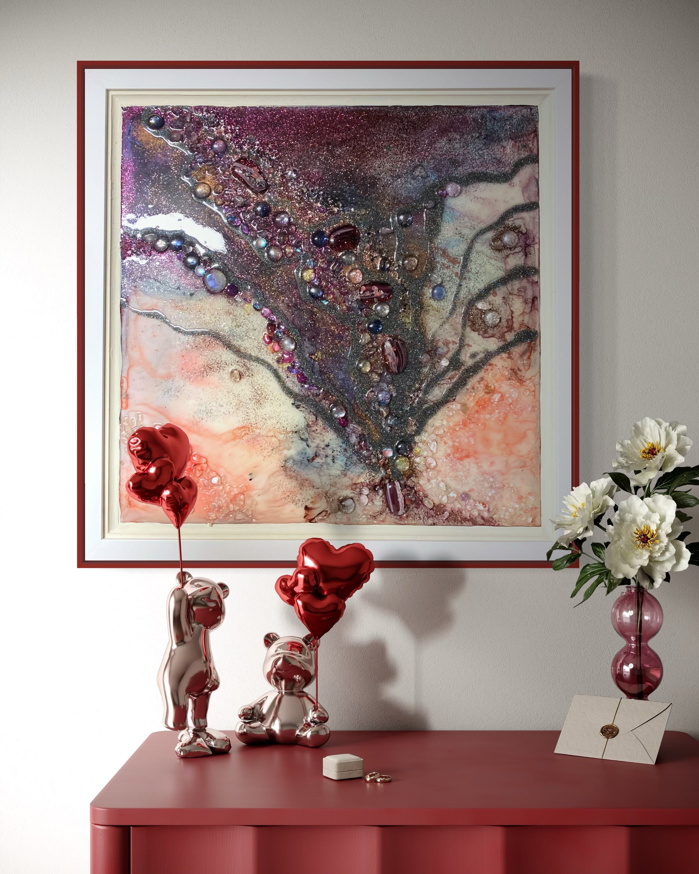 Burgundy Purple Aura Crystal. Tree of Life. Original Artwork. Light Lamp
