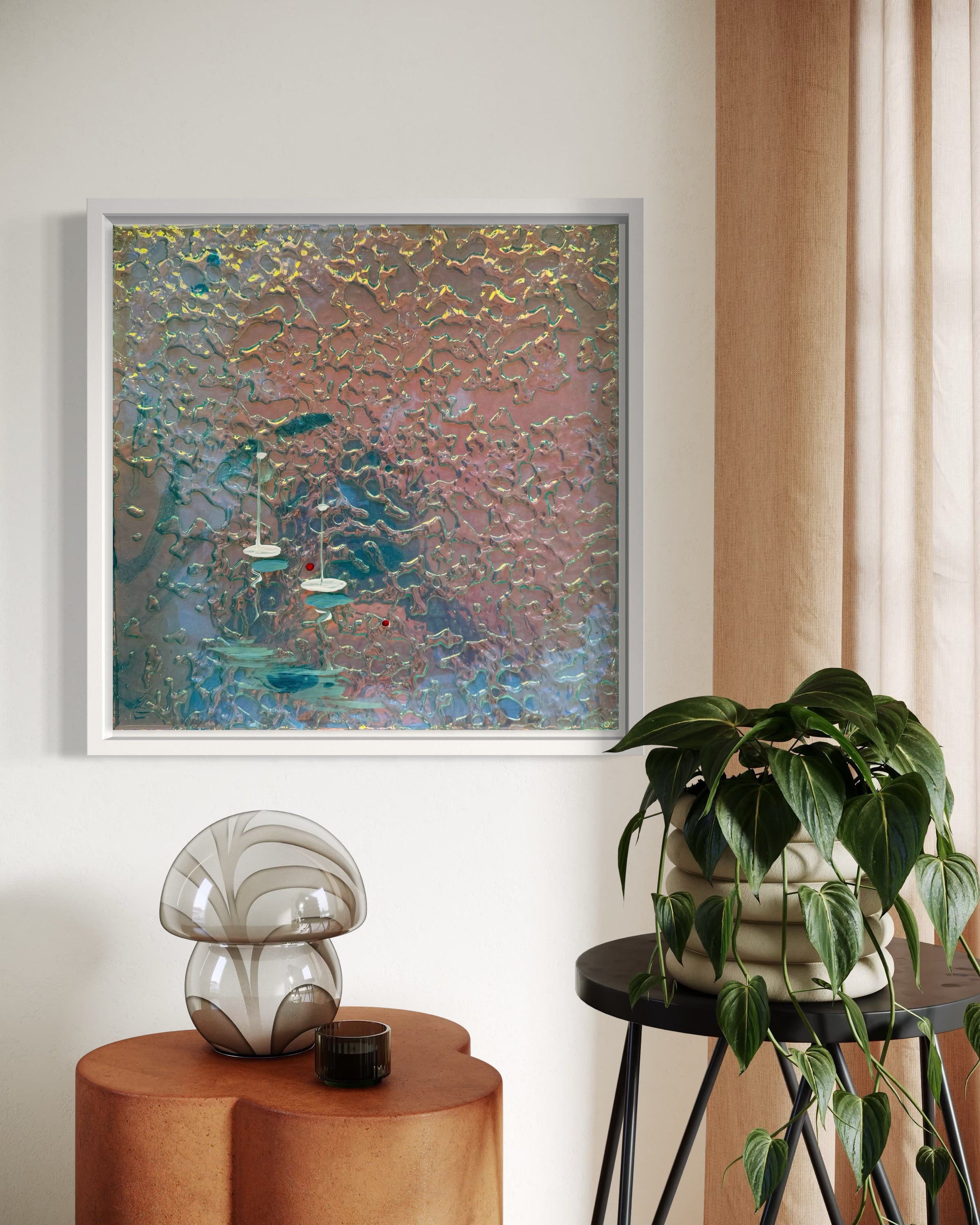 Cannes Yacht Mediterranean Sailing Boats Artwork Iridescent  Anchored 2 FRAMED  33x33cm