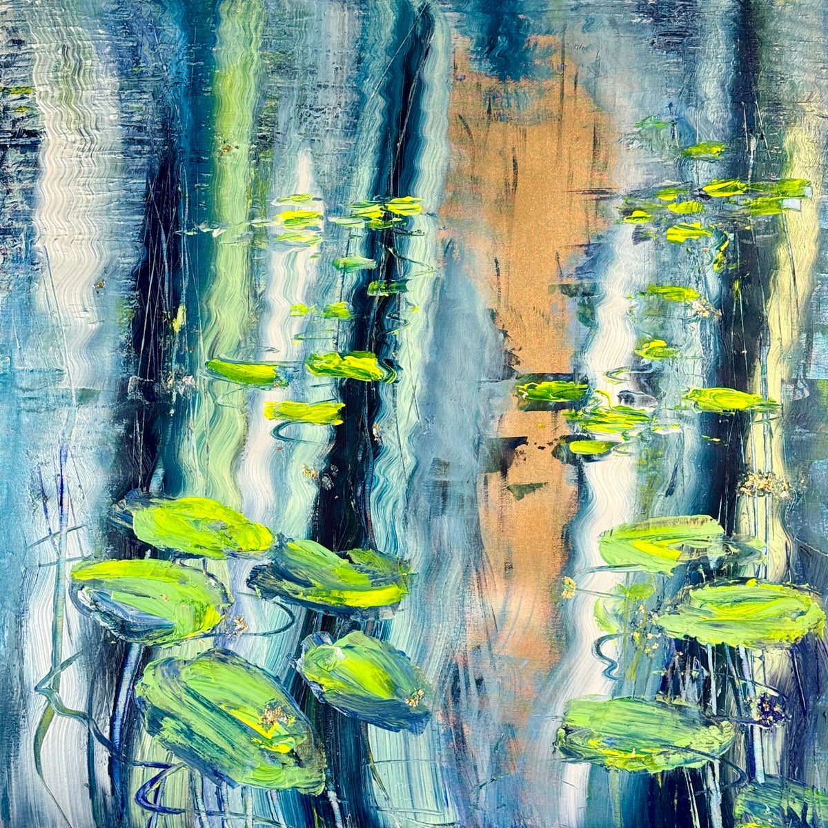 Water Lilies Pond Blue Green Original Artwork | 90×90cm