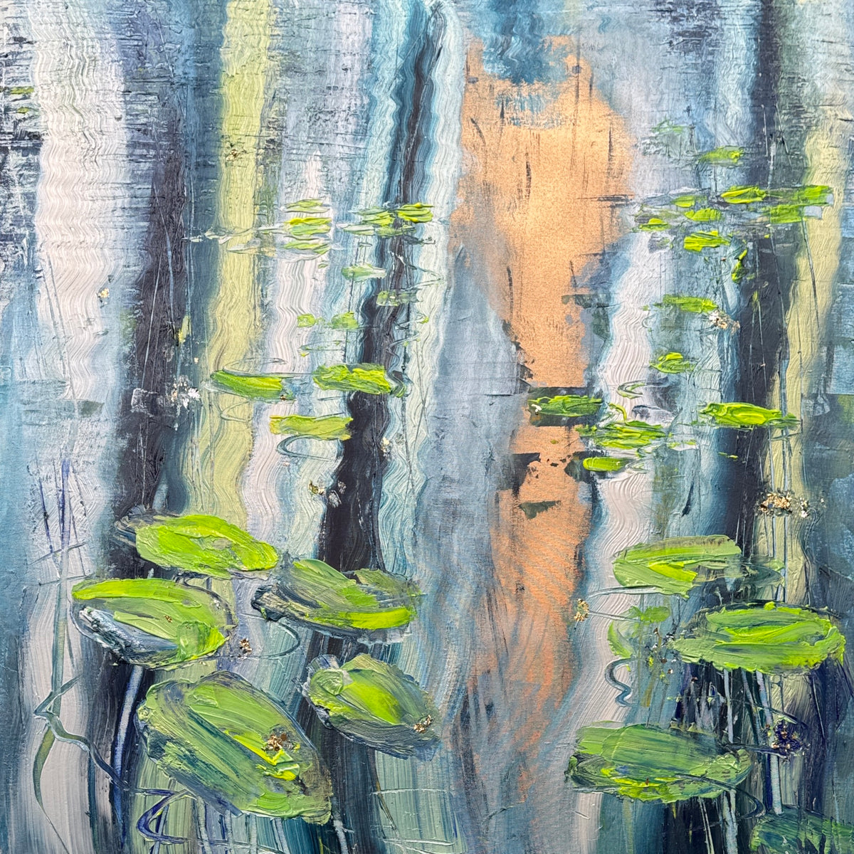 Water Lilies Pond Blue Green Original Artwork | 90×90cm