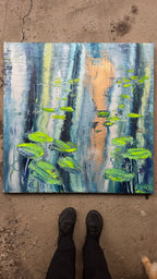 Water Lilies Pond Blue Green Original Artwork | 90×90cm