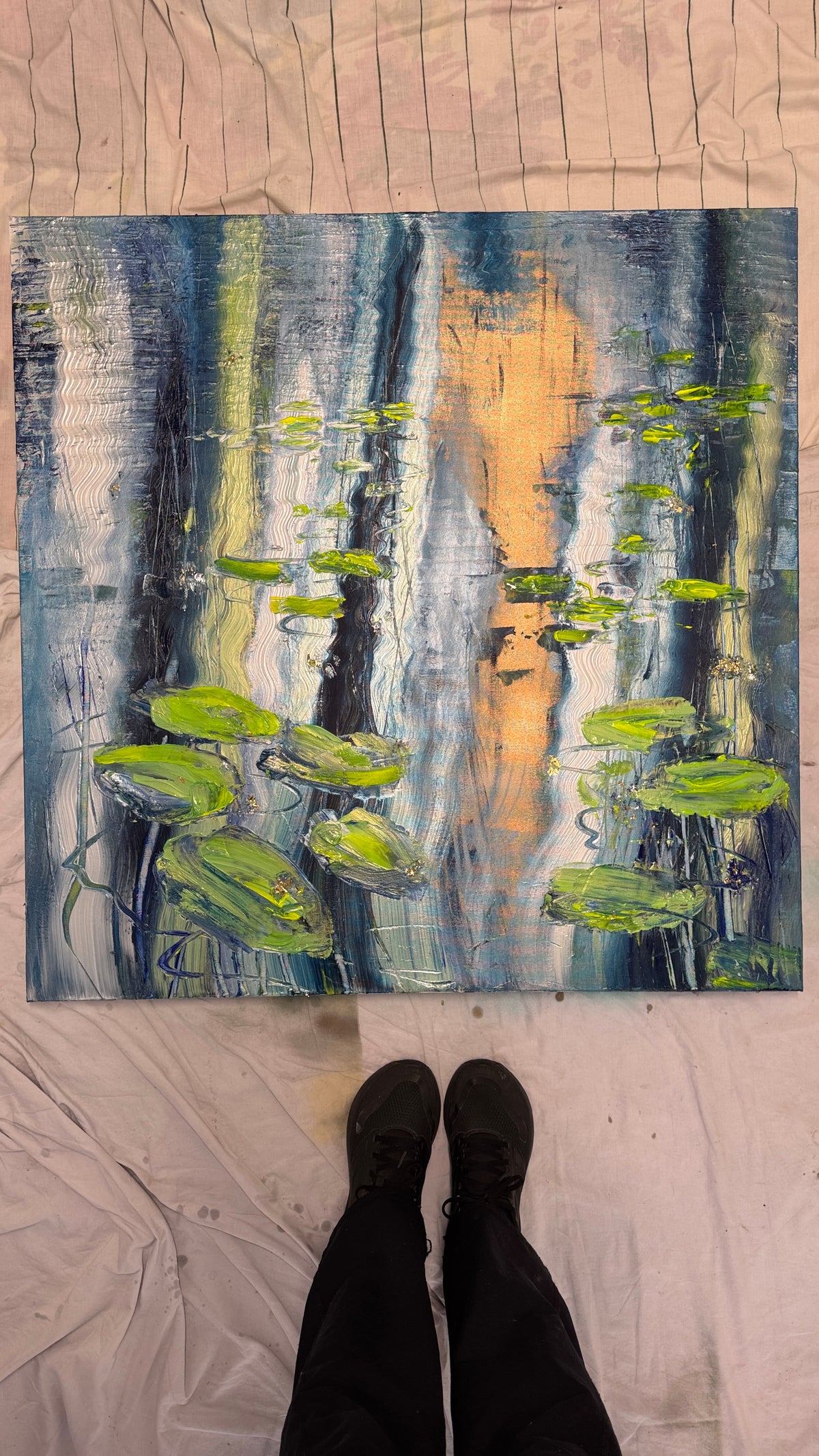 Water Lilies Pond Blue Green Original Artwork | 90×90cm