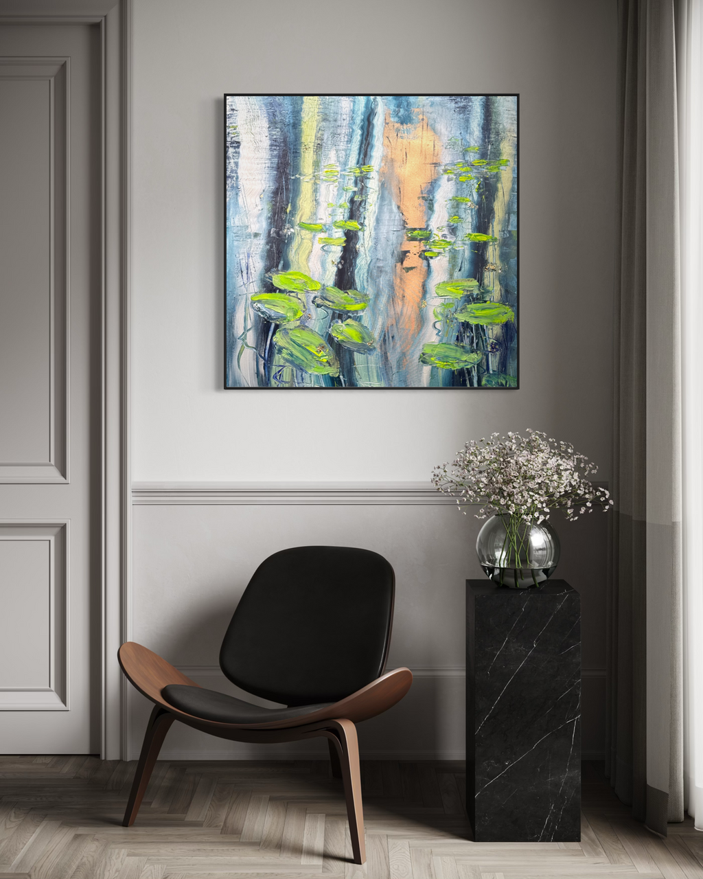 Water Lilies Pond Blue Green Original Artwork | 90×90cm