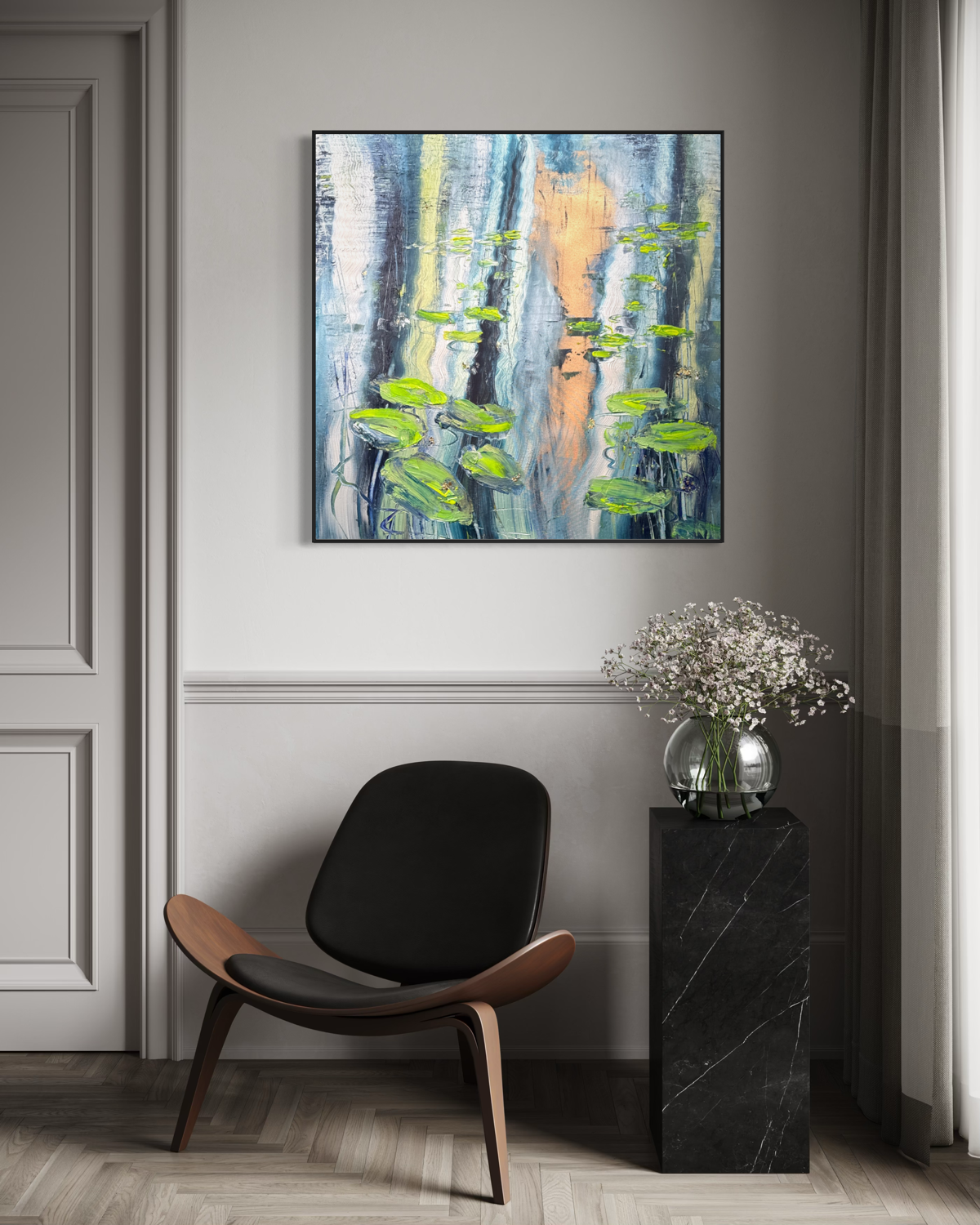 Water Lilies Pond Blue Green Original Artwork | 90×90cm