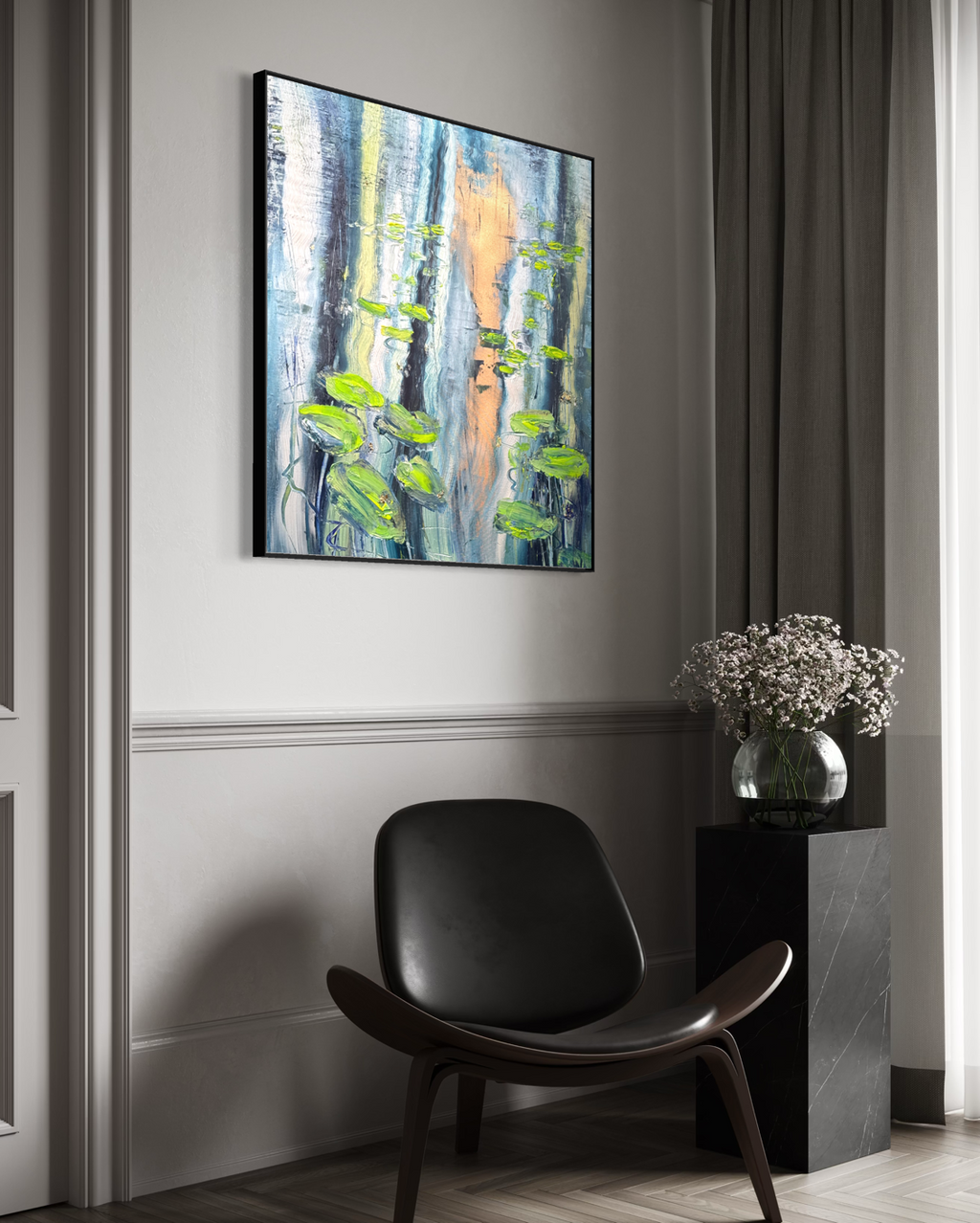 Water Lilies Pond Blue Green Original Artwork | 90×90cm