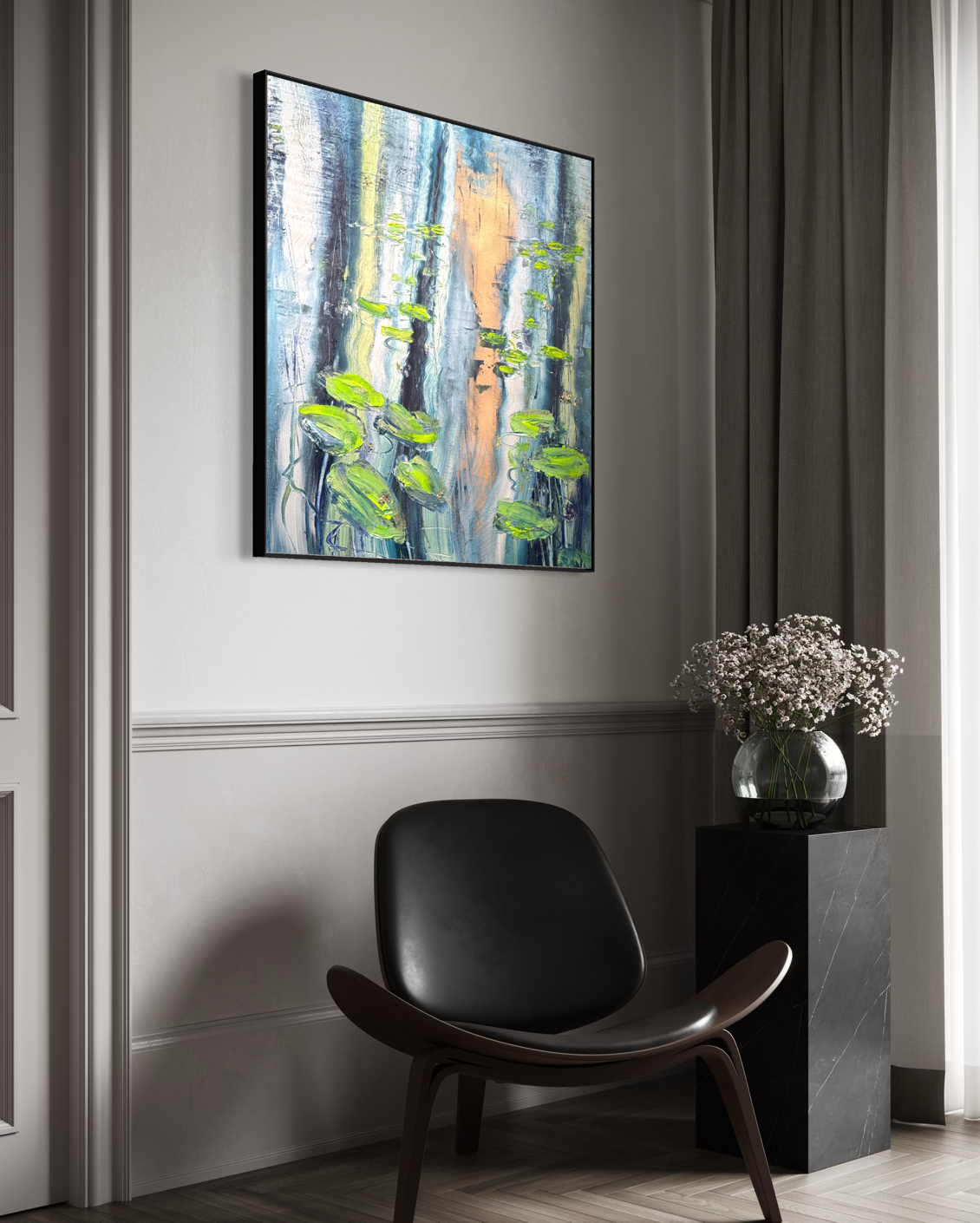 Water Lilies Pond Blue Green Original Artwork | 90×90cm