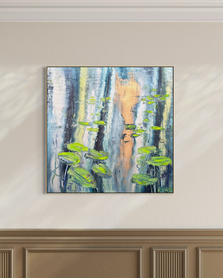 Water Lilies Pond Blue Green Original Artwork | 90×90cm