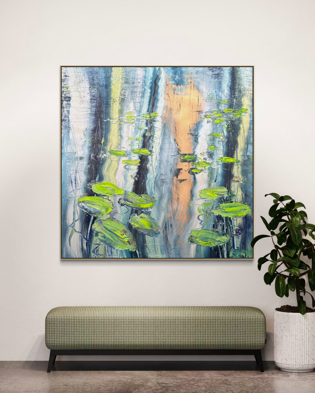 Water Lilies Pond Blue Green Original Artwork | 90×90cm