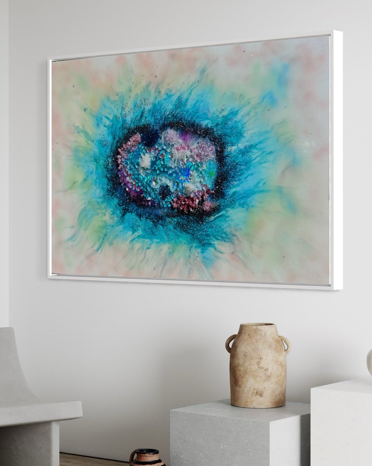 White and Blue Original Crystal Artwork. Coral Garden Quartz, Turquoise, Swarovski, Moonstone. COMMISSION