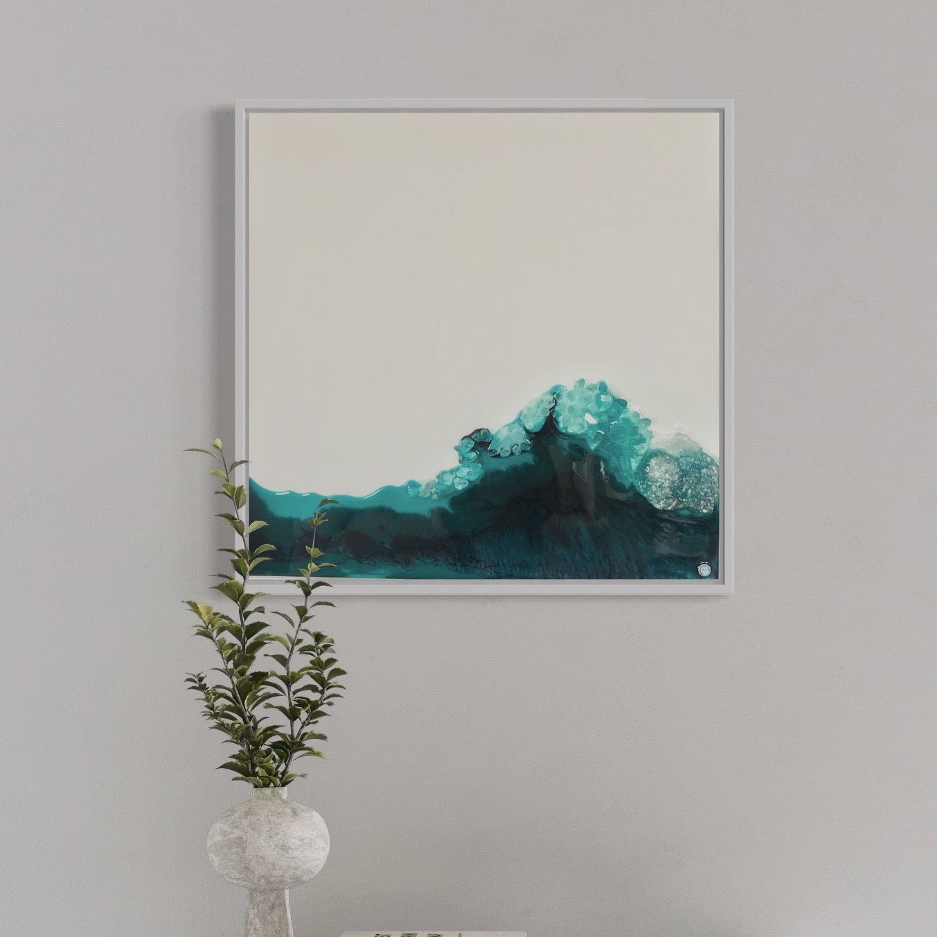 Aqua Aura Crystal Reef. Emerald. Original Artwork. Light Lamp 55x55cm FRAMED