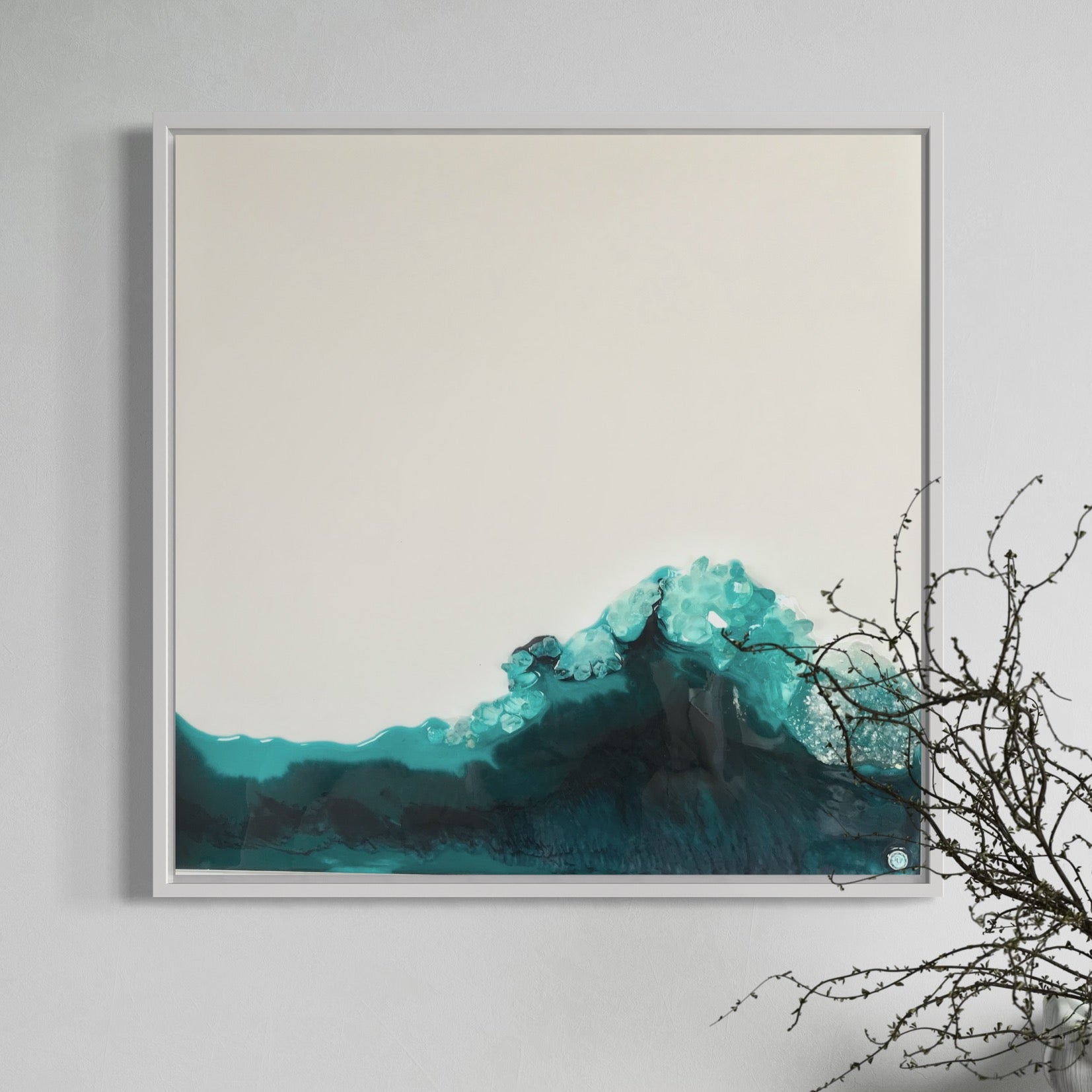 Aqua Aura Crystal Reef. Emerald. Original Artwork. Light Lamp 55x55cm FRAMED