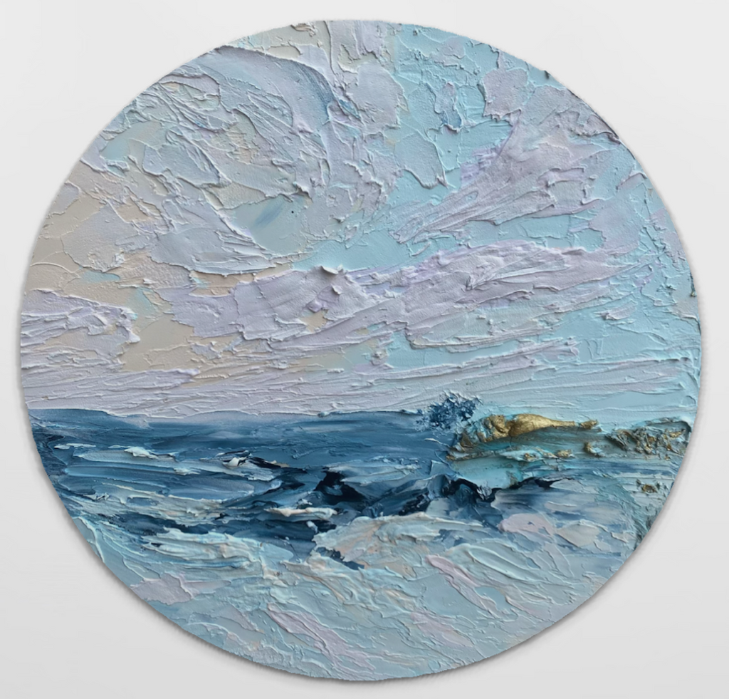 Round painting of a landscape with blue and gray tones