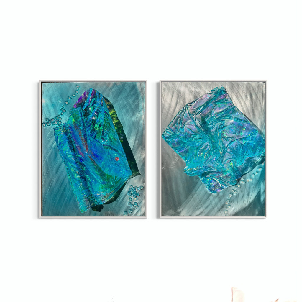 Whitsundays Blues 1 and 2, Set of 2 Sculptural Piece on Aluminium 70x46cm FRAMED