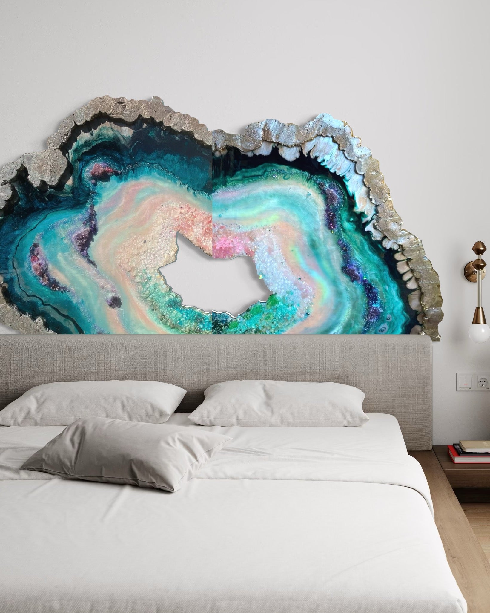 BedHead Elixir Green Blue Crystal Reef Freeform Artwork with Amethysts, Rose Quartz,  set of 2 - 120x240cm with pink LED backlight