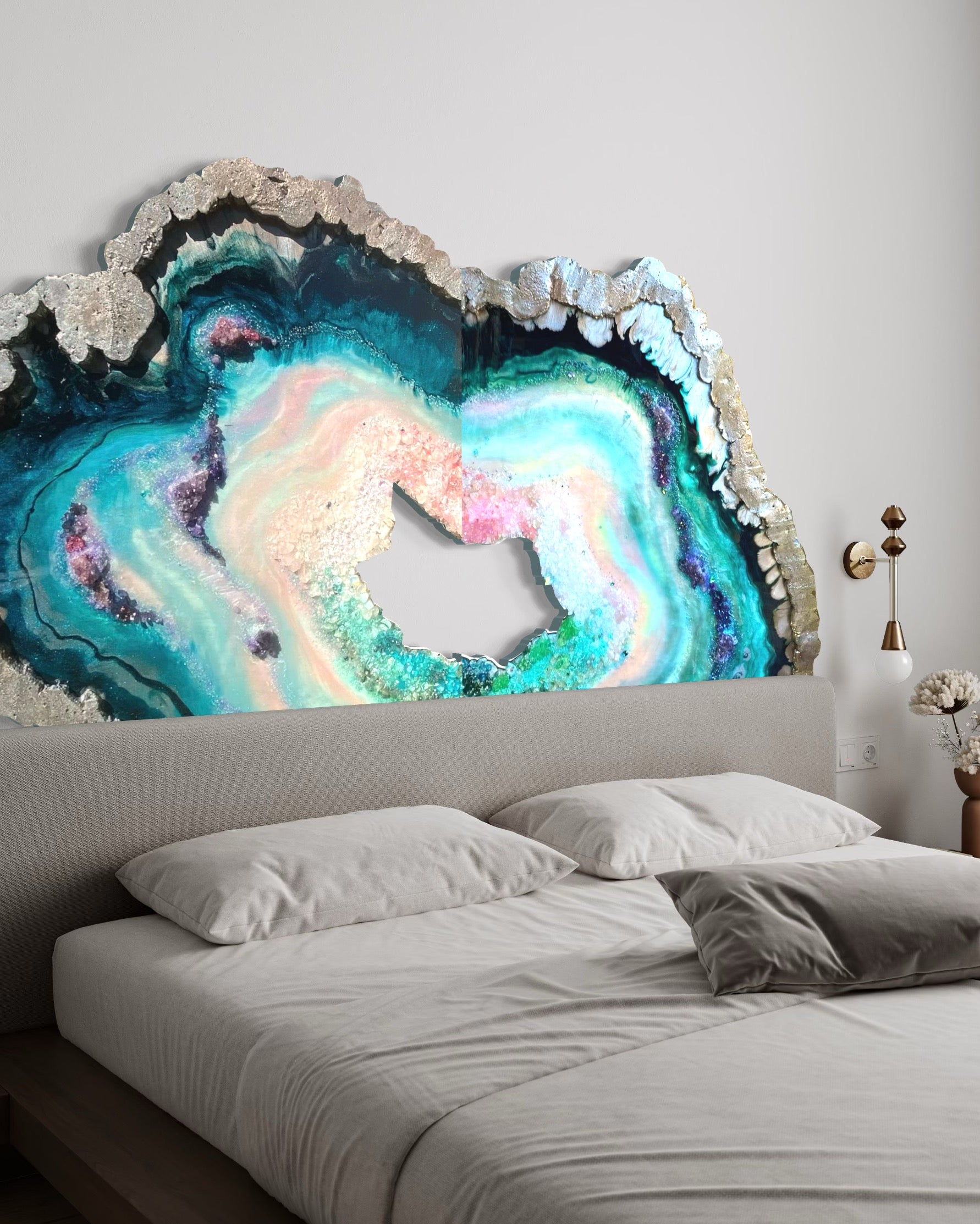 BedHead Elixir Green Blue Crystal Reef Freeform Artwork with Amethysts, Rose Quartz,  set of 2 - 120x240cm with pink LED backlight