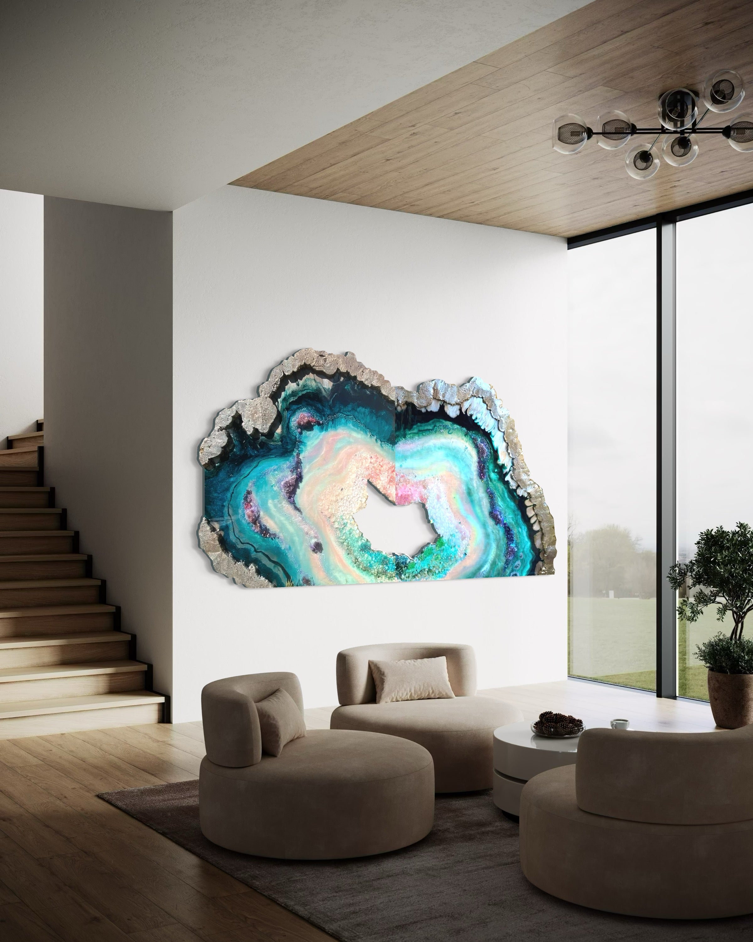 BedHead Elixir Green Blue Crystal Reef Freeform Artwork with Amethysts, Rose Quartz,  set of 2 - 120x240cm with pink LED backlight