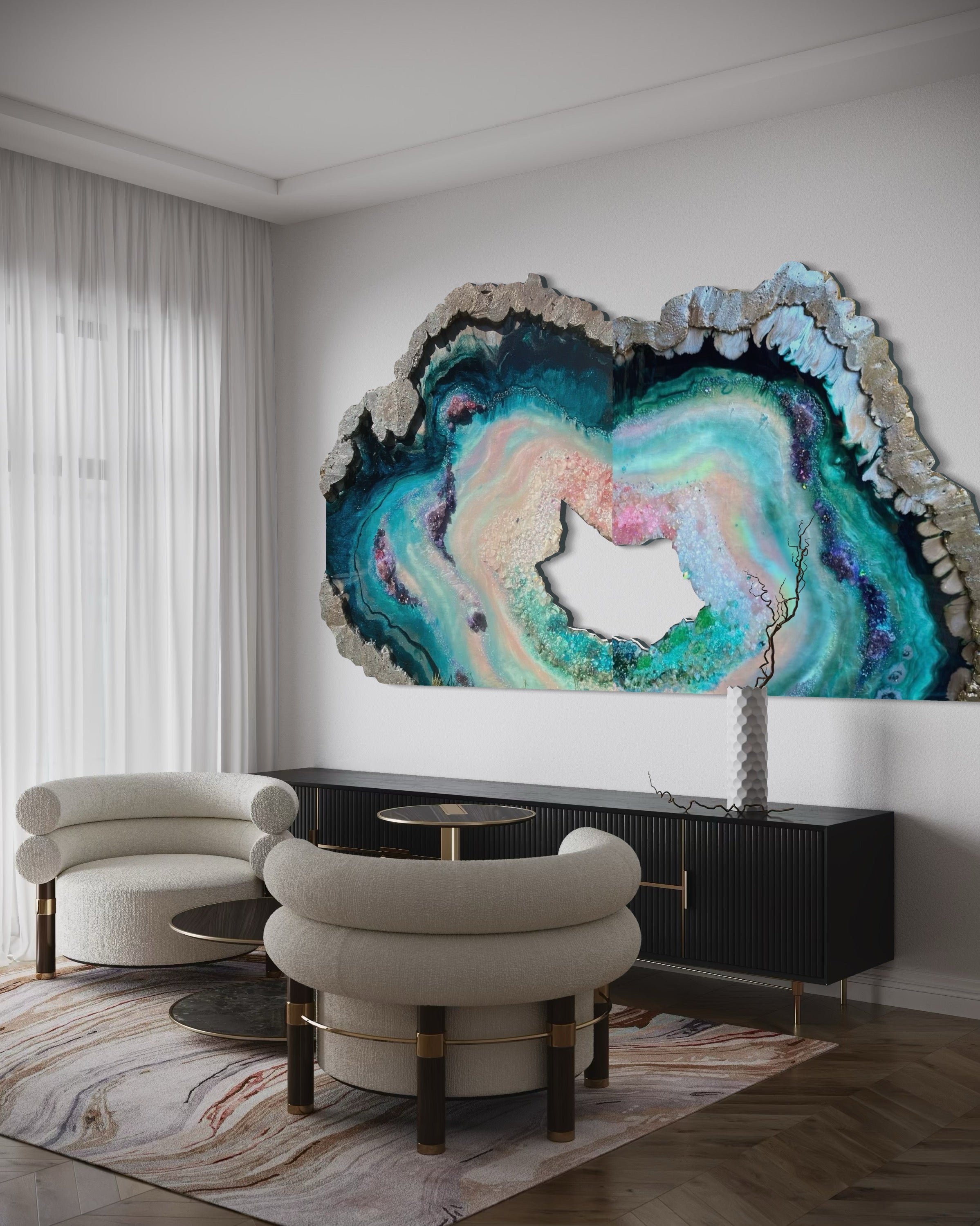 BedHead Elixir Green Blue Crystal Reef Freeform Artwork with Amethysts, Rose Quartz,  set of 2 - 120x240cm with pink LED backlight