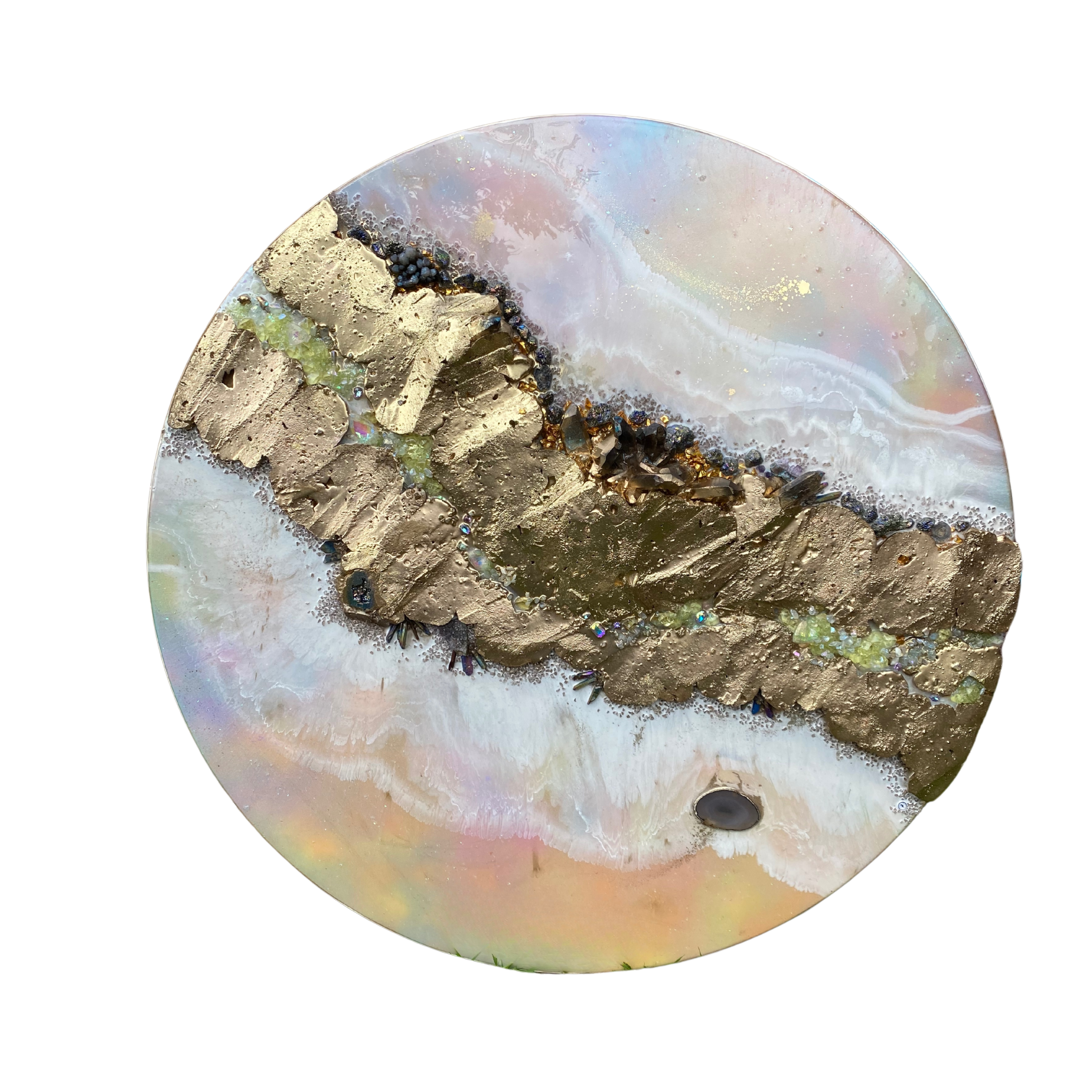 Round mineral artwork  with gold and multicolored design on a white background