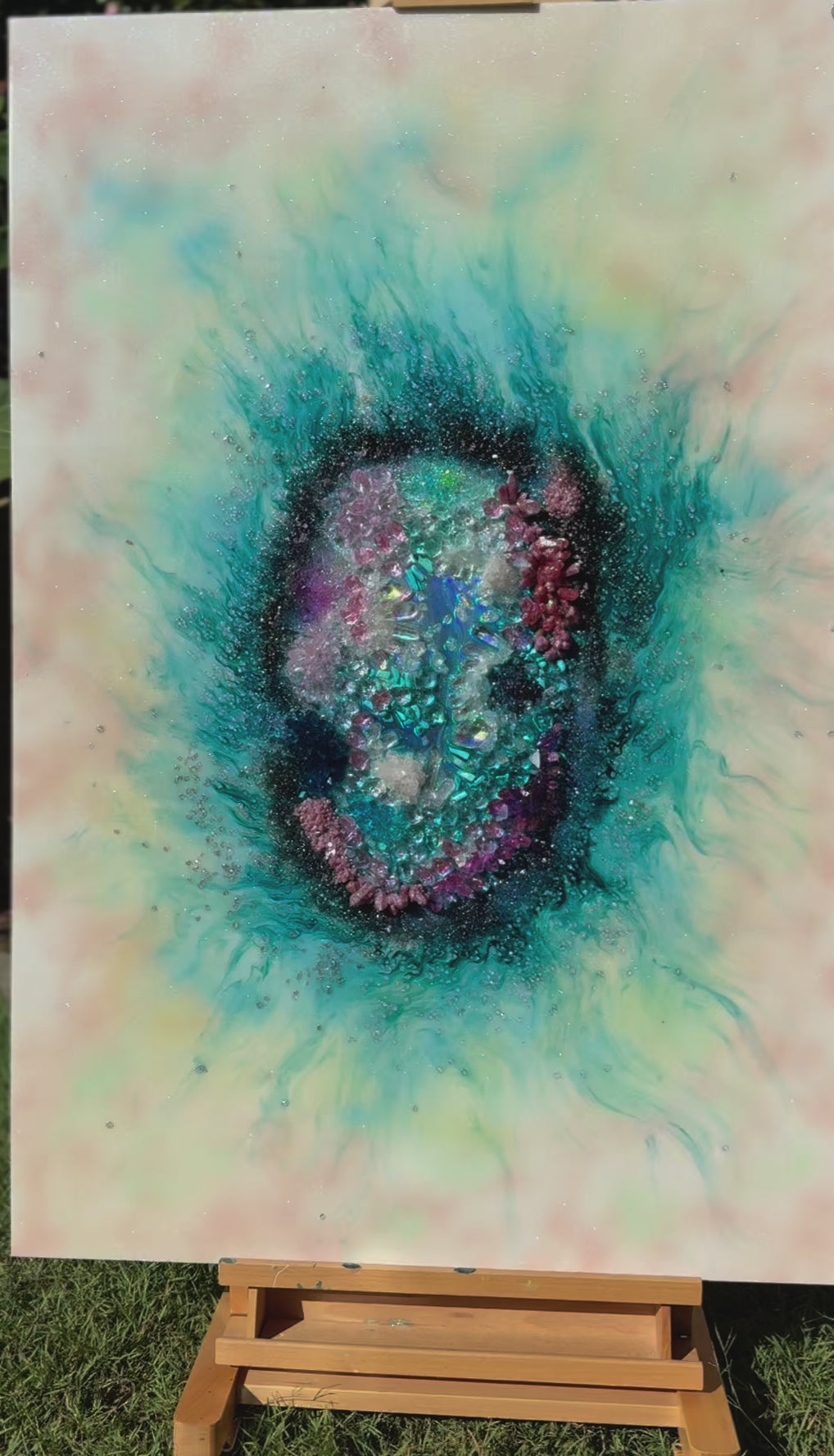 White and Blue Original Crystal Artwork. Coral Garden Quartz, Turquoise, Swarovski, Moonstone. COMMISSION