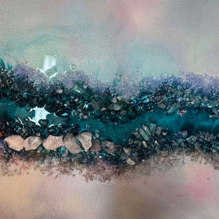 Pink and Blue Ocean Artwork. Crystal Reef - with Rose Quartz, Swarovski, Aura Quartz and Titanium Aura FRAMED 60x90cm