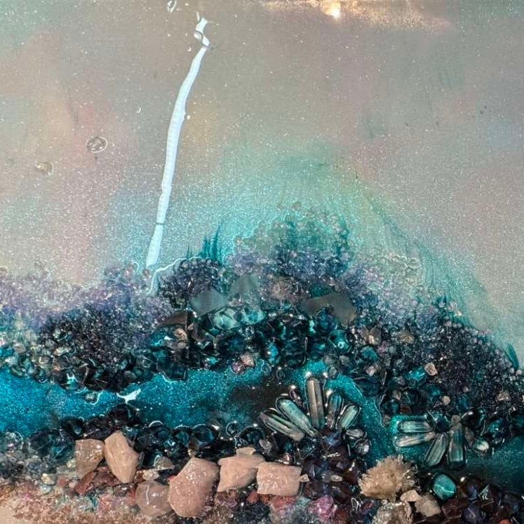 Pink and Blue Ocean Artwork. Crystal Reef - with Rose Quartz, Swarovski, Aura Quartz and Titanium Aura FRAMED 60x90cm