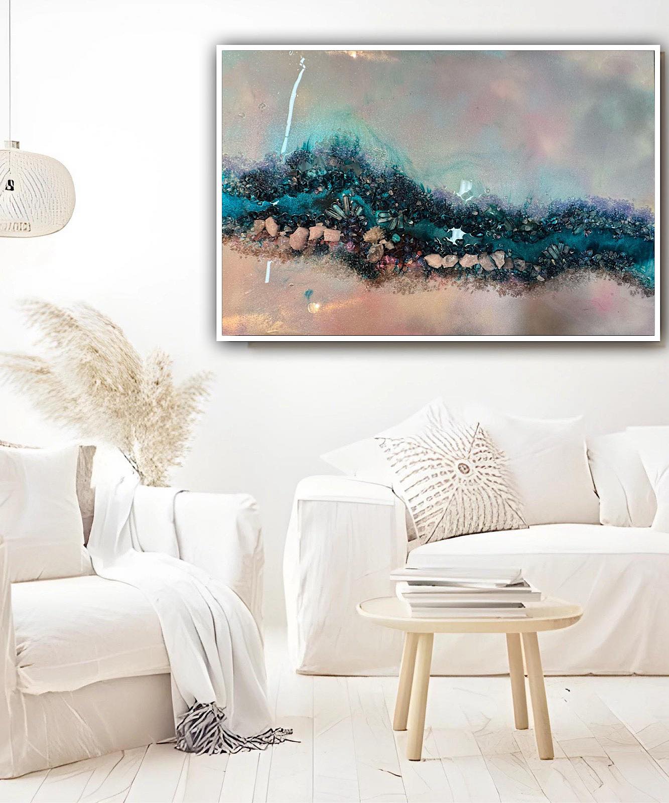 Pink and Blue Ocean Artwork. Crystal Reef - with Rose Quartz, Swarovski, Aura Quartz and Titanium Aura FRAMED 60x90cm