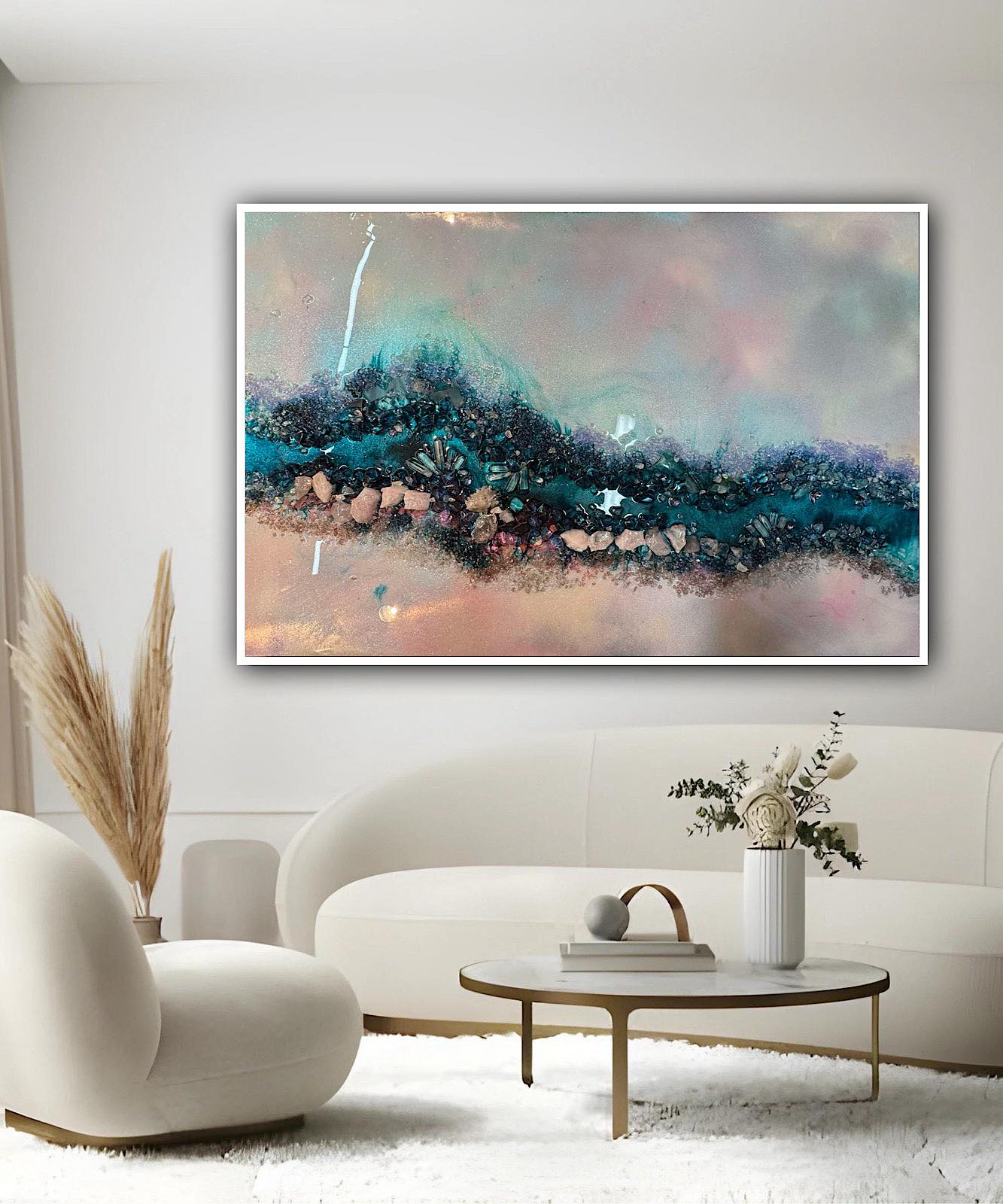 Pink and Blue Ocean Artwork. Crystal Reef - with Rose Quartz, Swarovski, Aura Quartz and Titanium Aura FRAMED 60x90cm