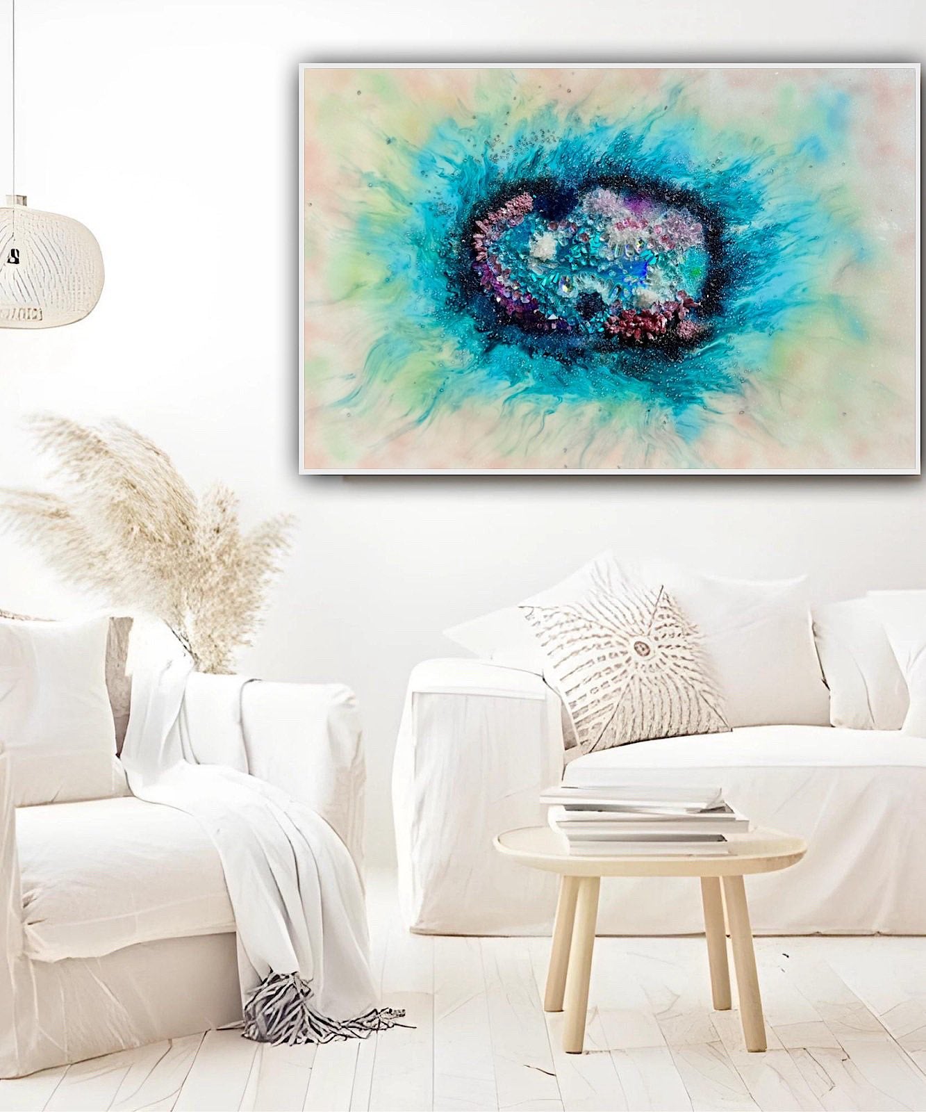 White and Blue Original Crystal Artwork. Coral Garden Quartz, Turquoise, Swarovski, Moonstone