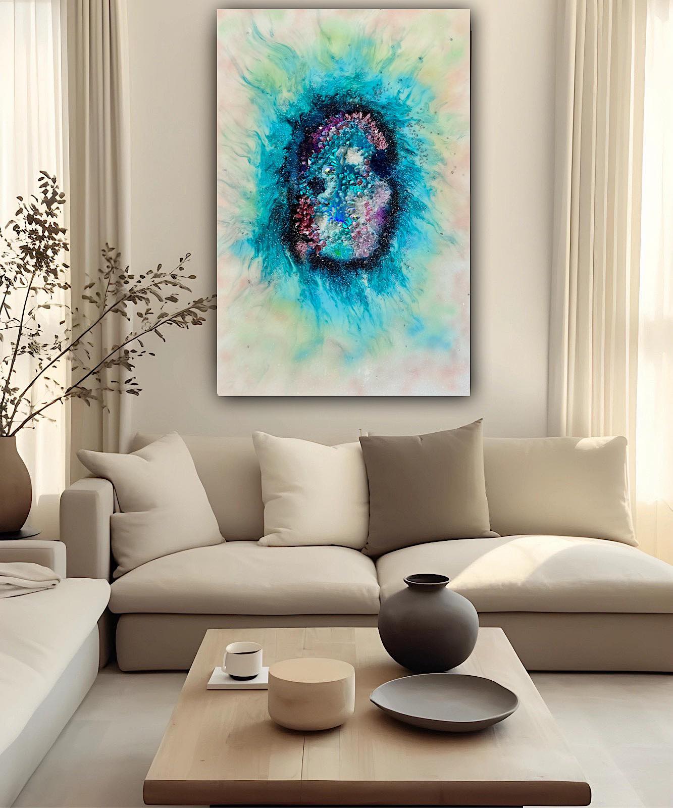 White and Blue Original Crystal Artwork. Coral Garden Quartz, Turquoise, Swarovski, Moonstone. COMMISSION