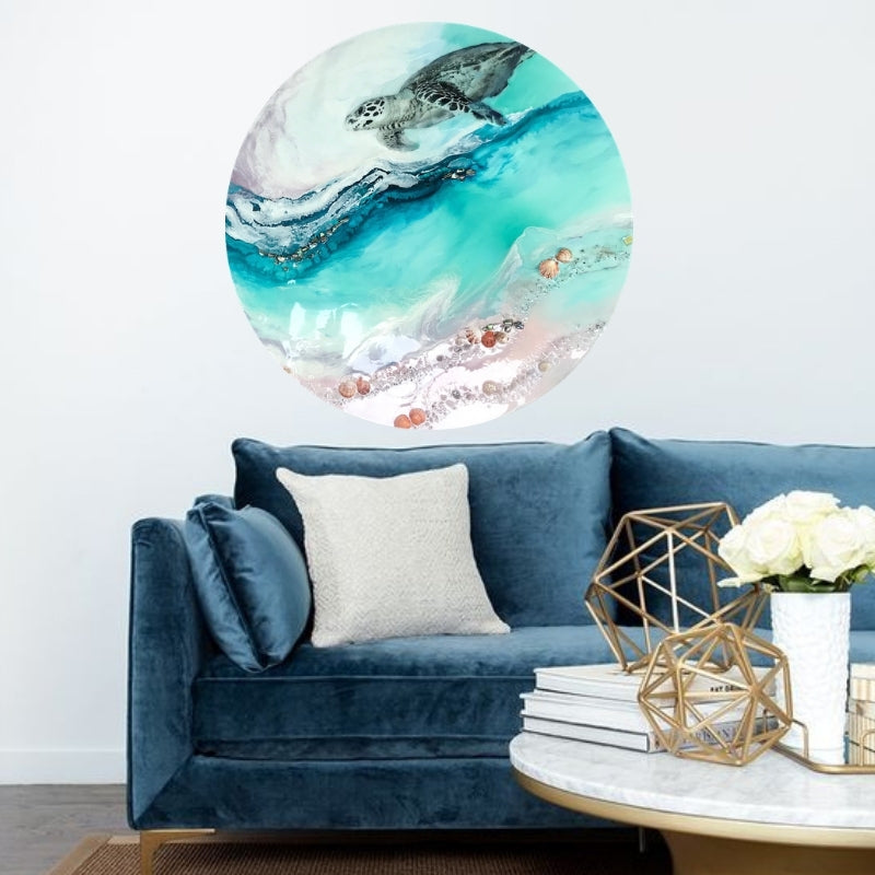 Turtle Teal Blue artwork. Abstract Coastal Artwork. Antuanelle 2 Bounty 2.0. Australian Seascape. Round