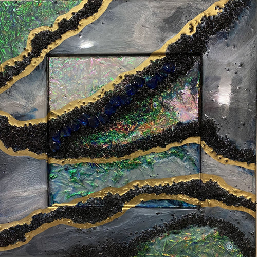 - Black and Gold Opal with holographic effect Abstract Crystal Artwork