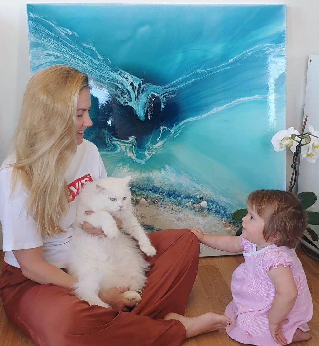 TEAL AND WHITE. Crystal clear. Ocean Original Artwork. Antuanelle 14 Clear. Artwork with Amazonite. 90x90cm