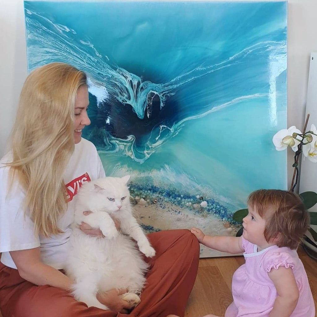 TEAL AND WHITE. Crystal clear. Ocean Original Artwork. Antuanelle 1 Clear. Artwork with Amazonite. 90x90cm