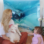 TEAL AND WHITE. Crystal clear. Ocean Original Artwork. Antuanelle 1 Clear. Artwork with Amazonite. 90x90cm