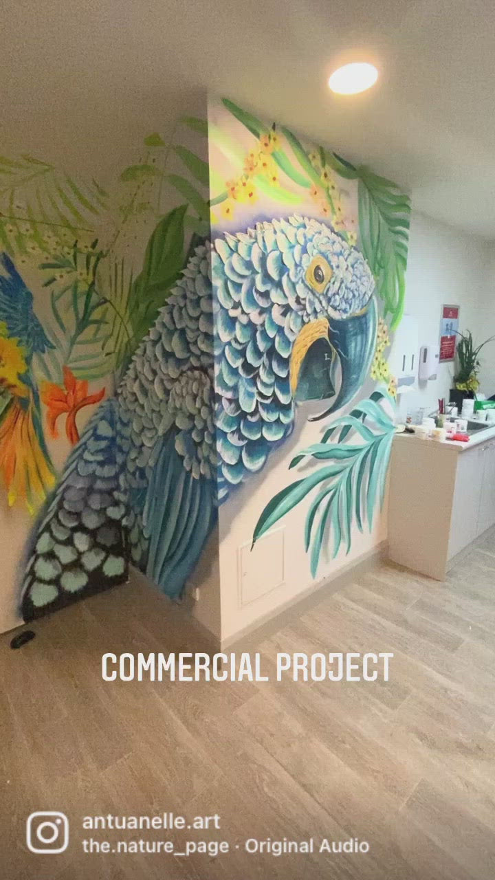 TROPICAL Mural BLUE MACAU PARROT  with texture elements