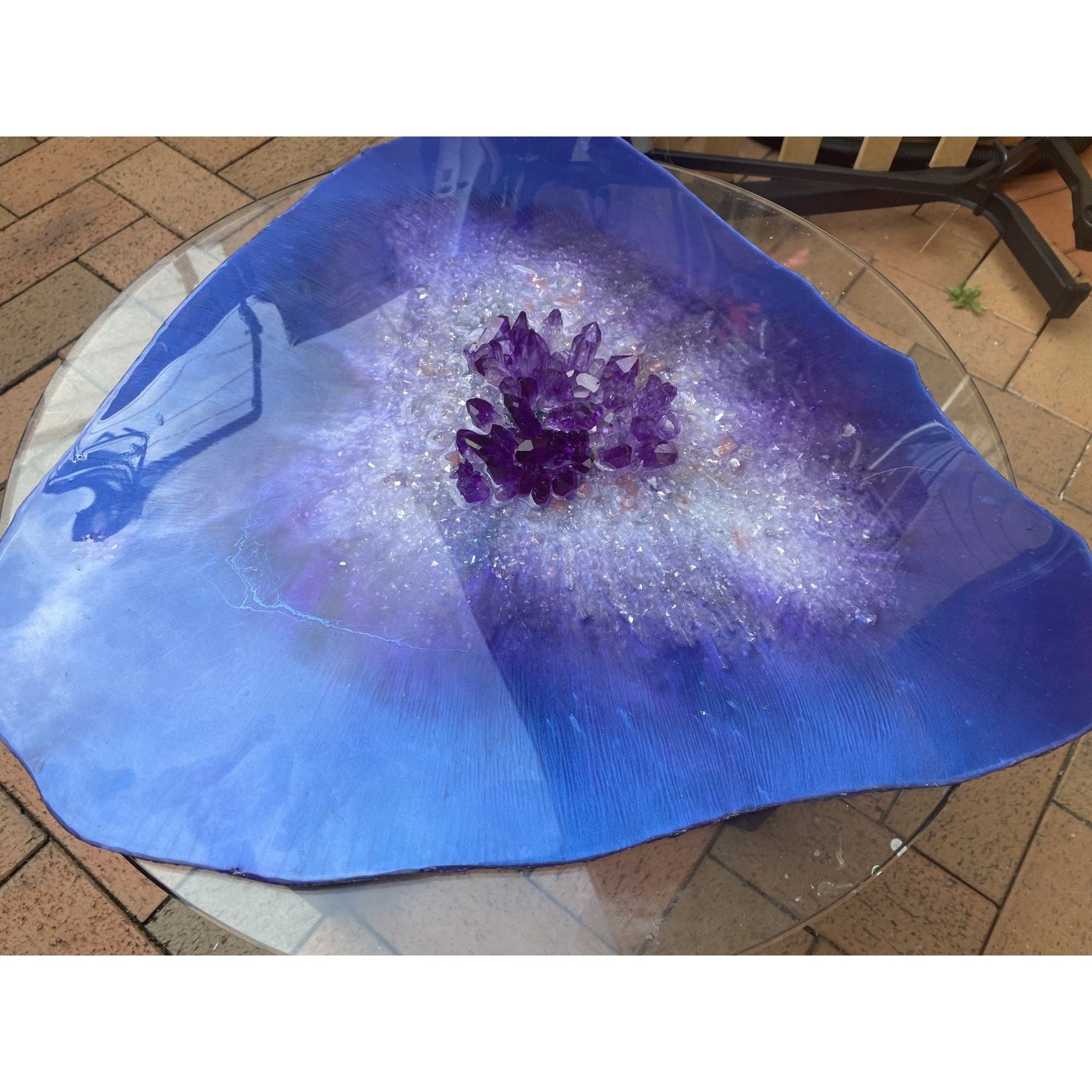 Purple amethyst light coffee table with handmade crystals.