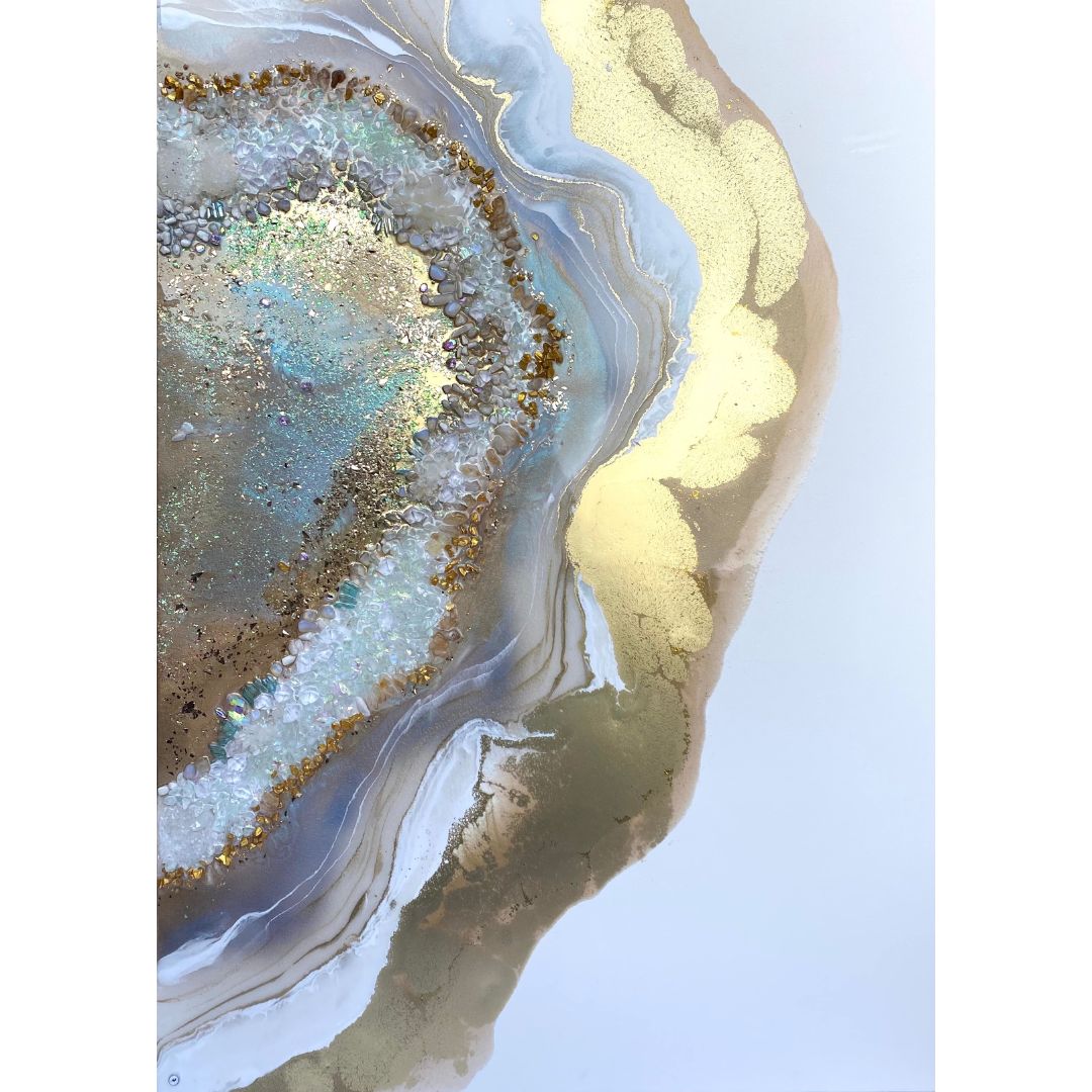 - Serenity - Golden Heart  with Moonstone, Aqua Aura Quartz Abstract Crystal Artwork