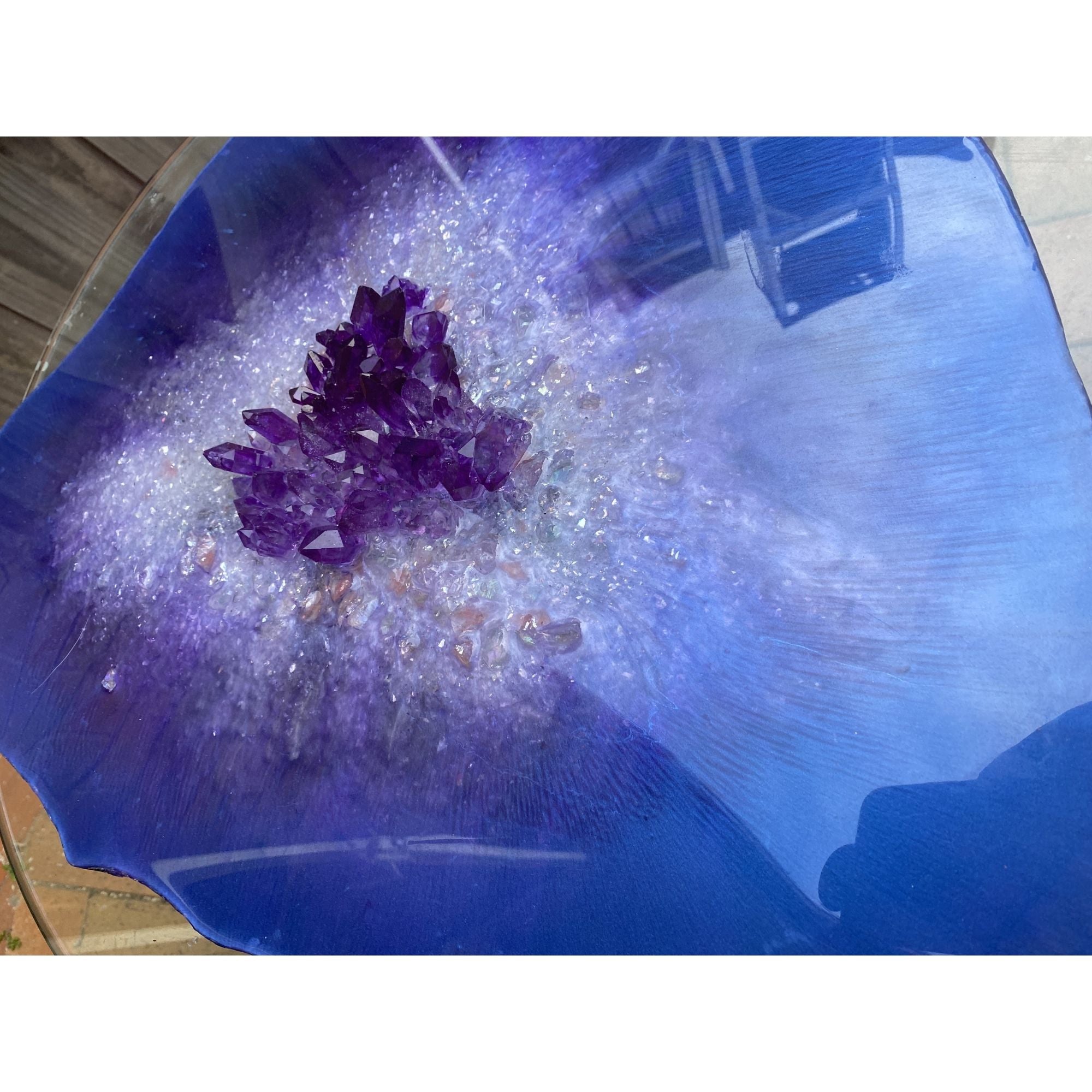 Purple amethyst light coffee table with handmade crystals.