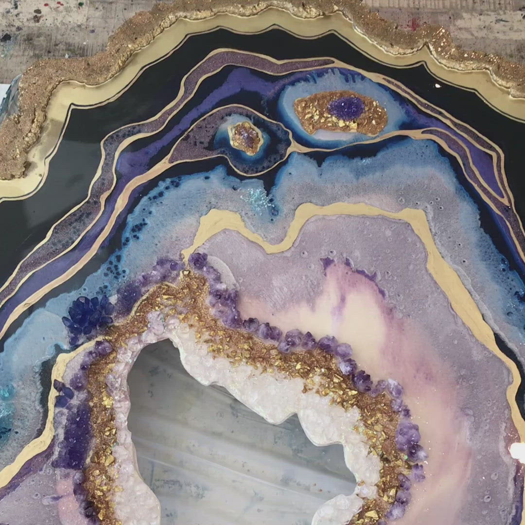 Amethyst. Freeform Purple and Gold Geode Gemstone Artwork with Amethysts