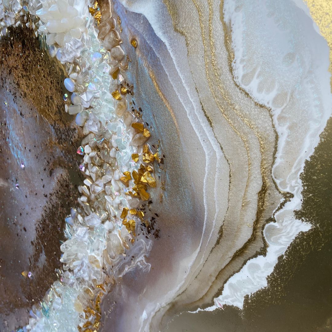 - Serenity - Golden Heart  with Moonstone, Aqua Aura Quartz Abstract Crystal Artwork