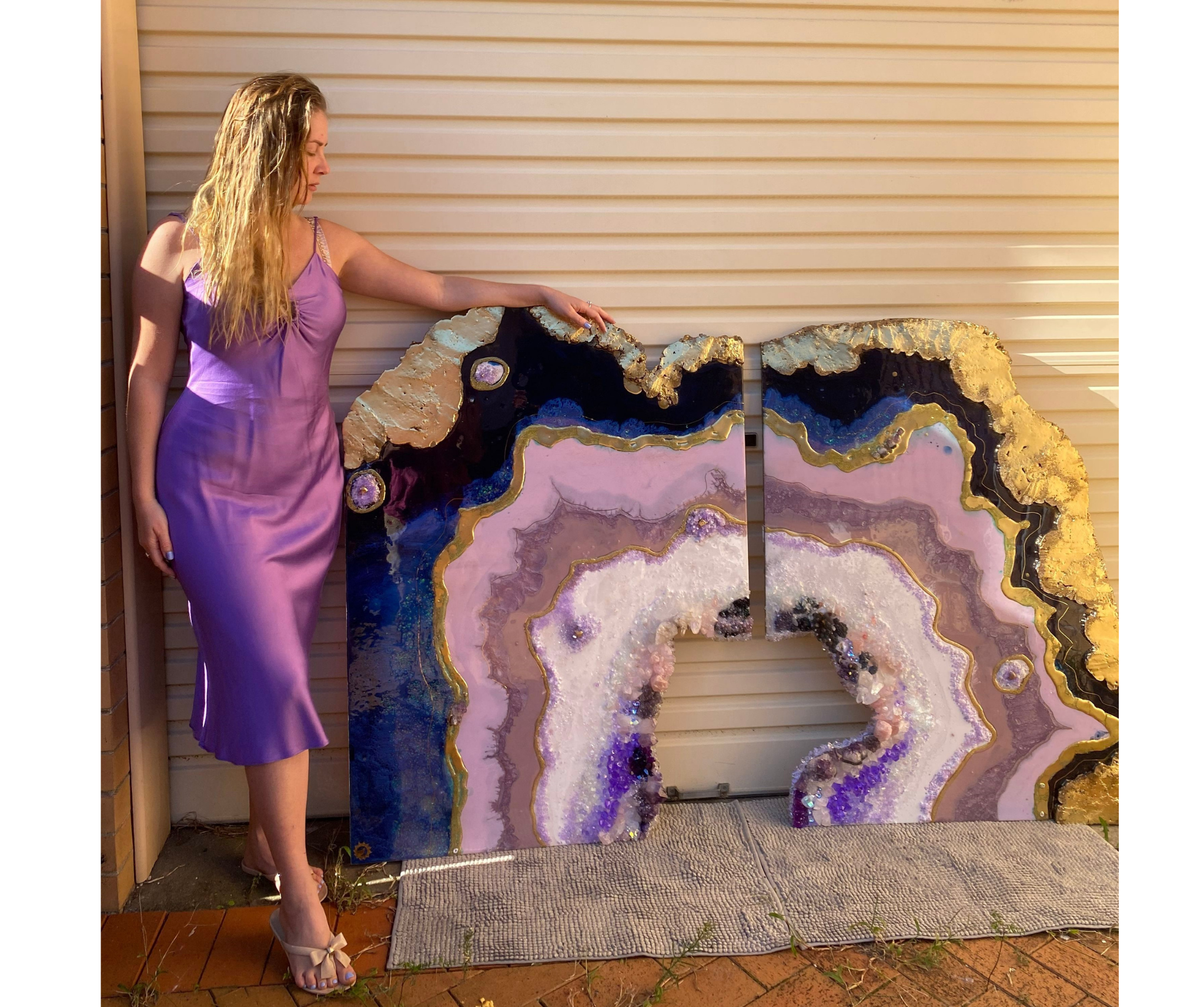 Amethyst Purple and Gold Freeform Crystal with Amethysts, Rose Quartz, Clear Quartz and swarovski crystals set of 2 - 120x180cm