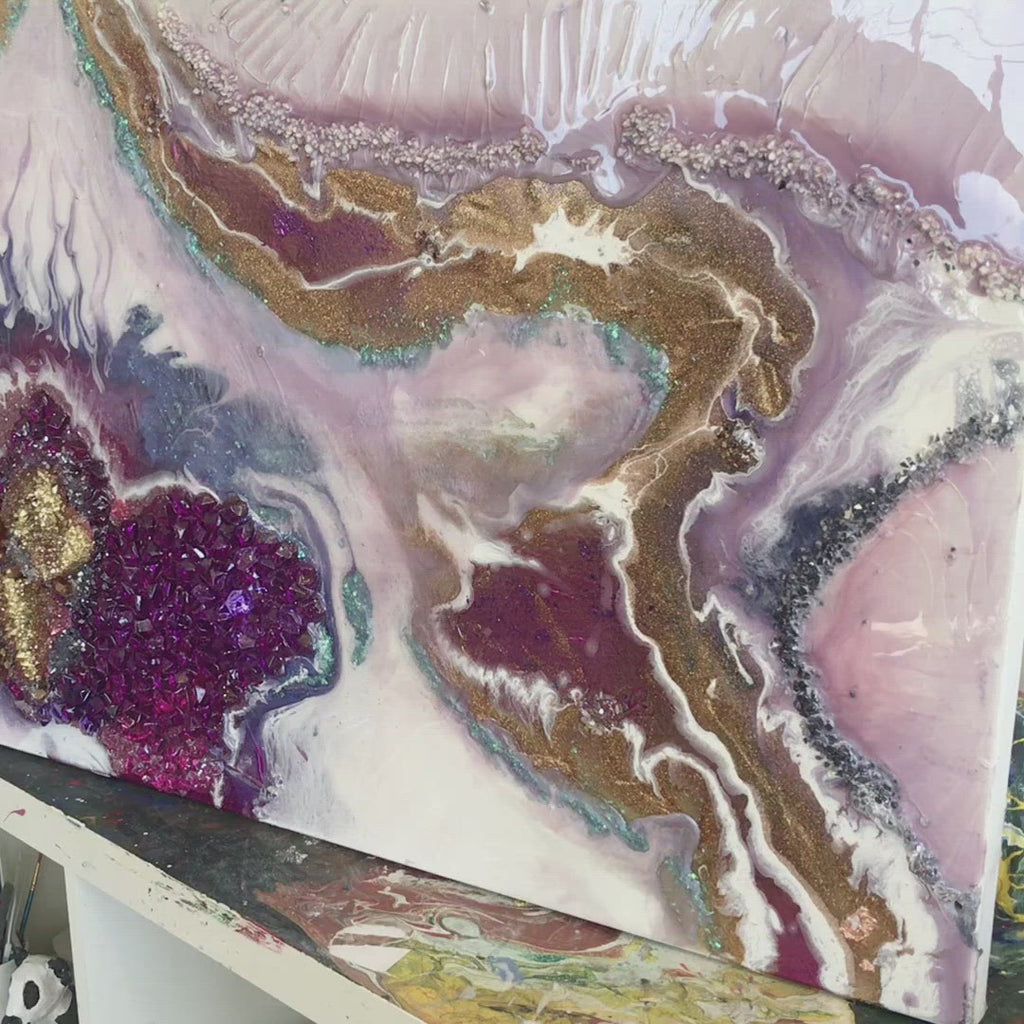 Amethyst. Freeform Purple and Gold Geode Gemstone Artwork with Amethysts