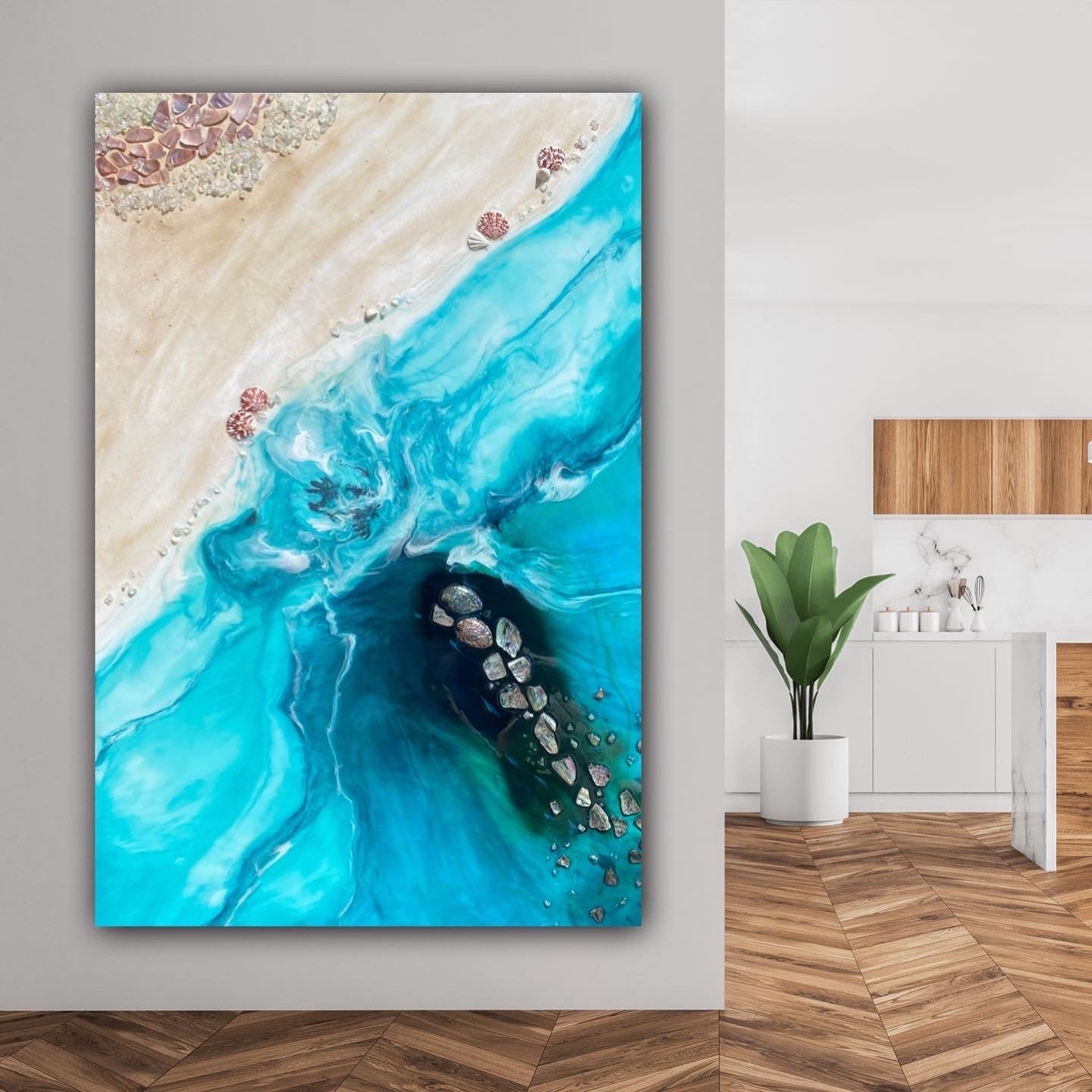 Rise Above 6.0 90x130cm with New Zealand Abalone Shells. FRAMED