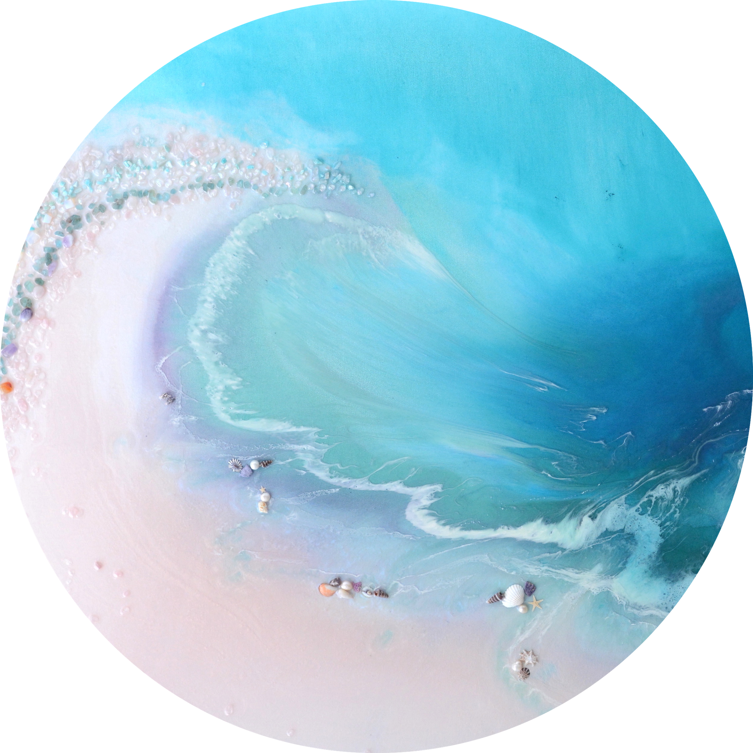 Circle Abstract Sea. Light Blue. Bounty Pink. Artwork. Antuanelle 2 BOUNTY Pink Portal Ocean Round. Perspex Acrylic Print
