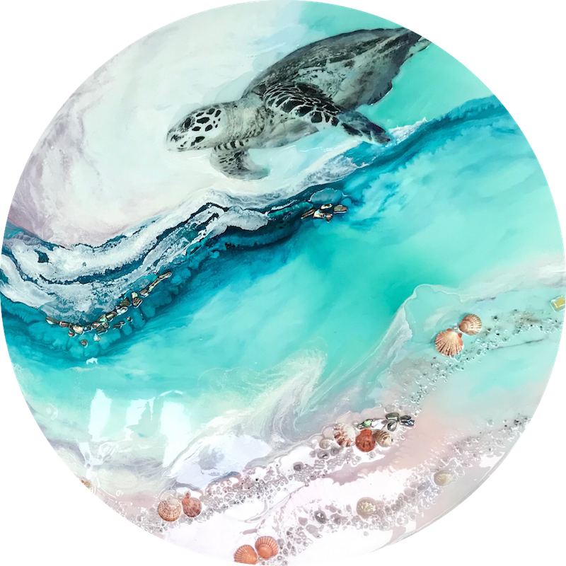 Custom Made. Turtle Ocean Artwork. Antuanelle 6 Bounty 2.0 Abalone Shell. Australian Seascape. Round COMMISSION.